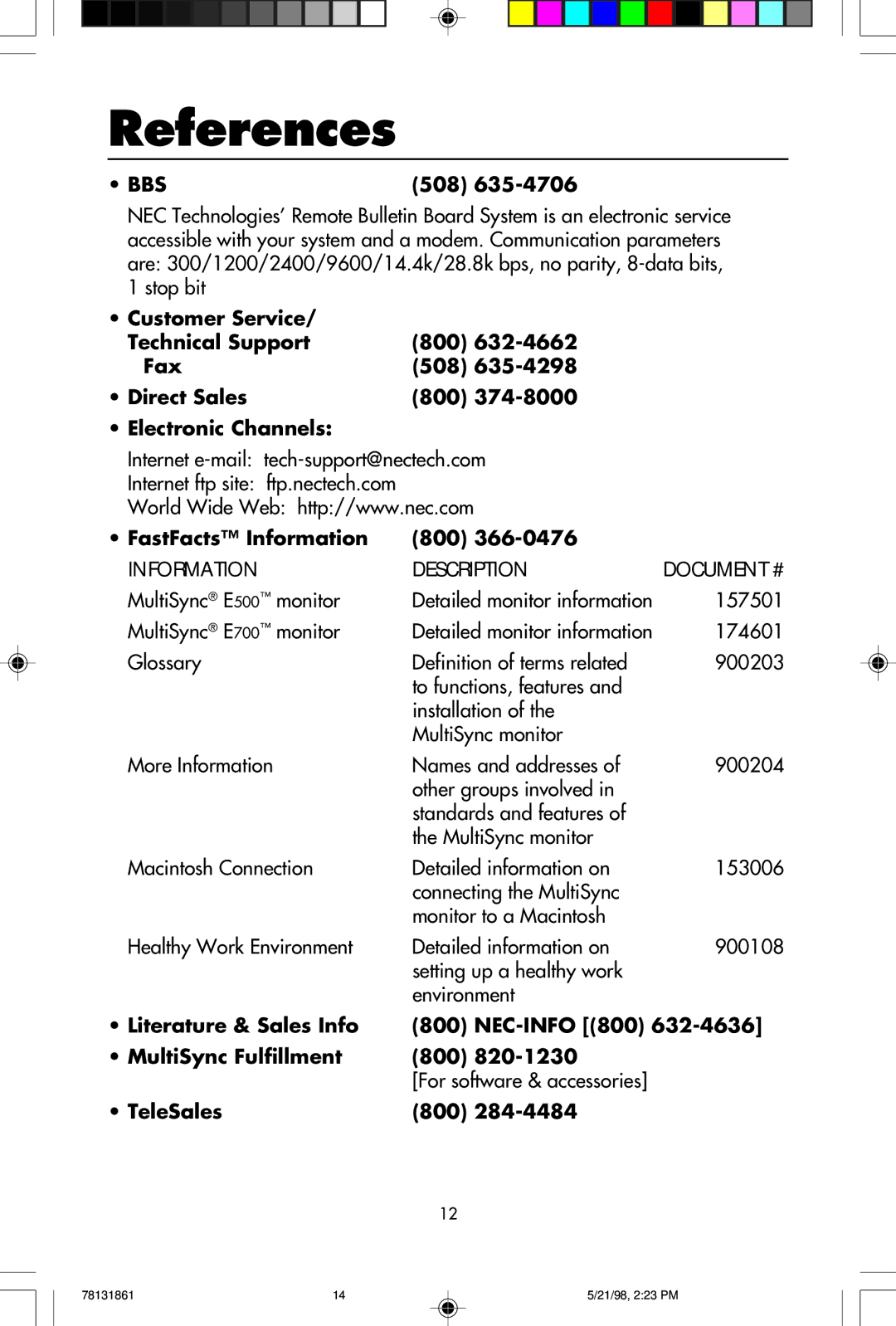 NEC E700 References, 508, FastFacts Information, Literature & Sales Info MultiSync Fulfillment TeleSales 800, NEC-INFO 800 