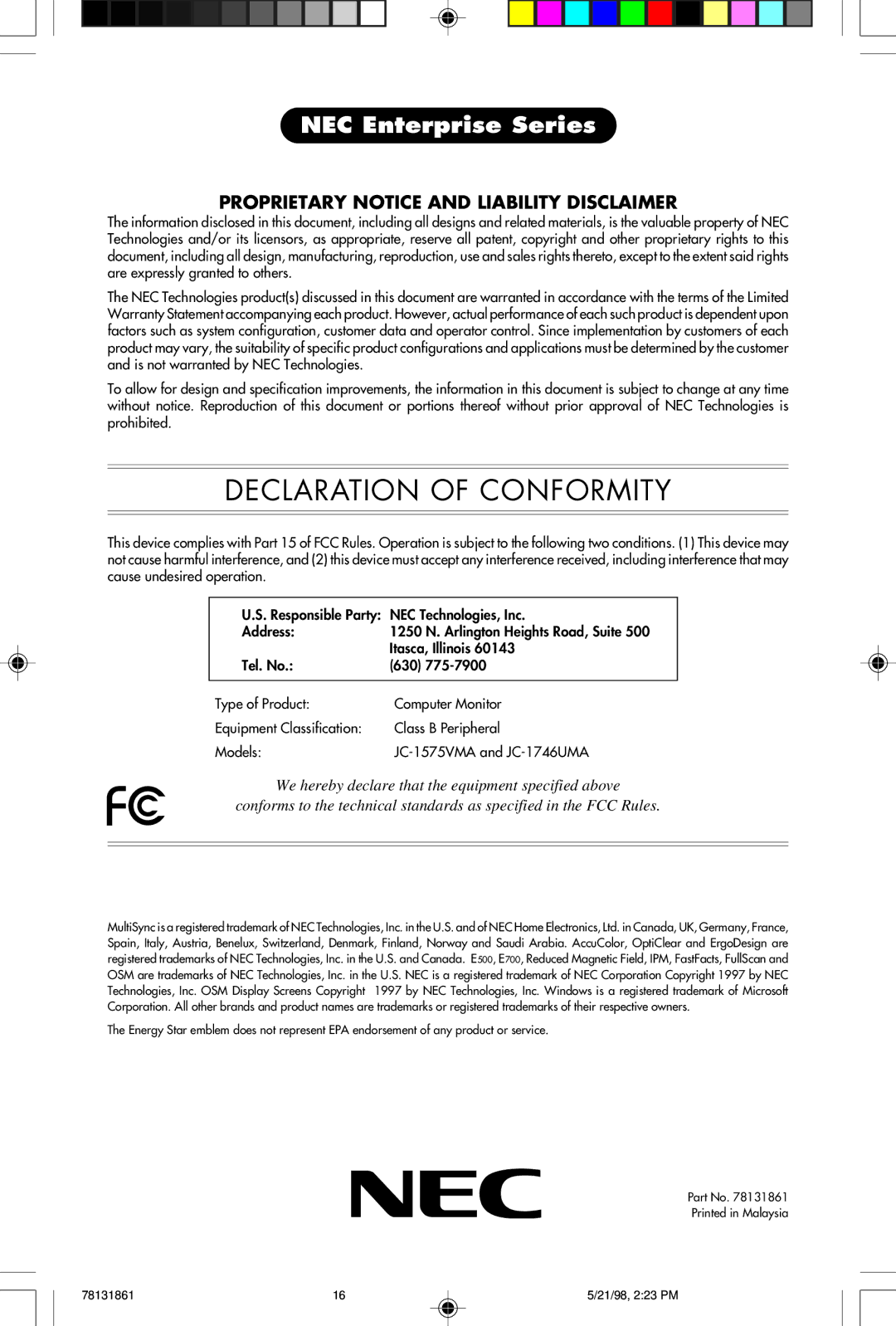 NEC E700, E500 user manual Declaration of Conformity 