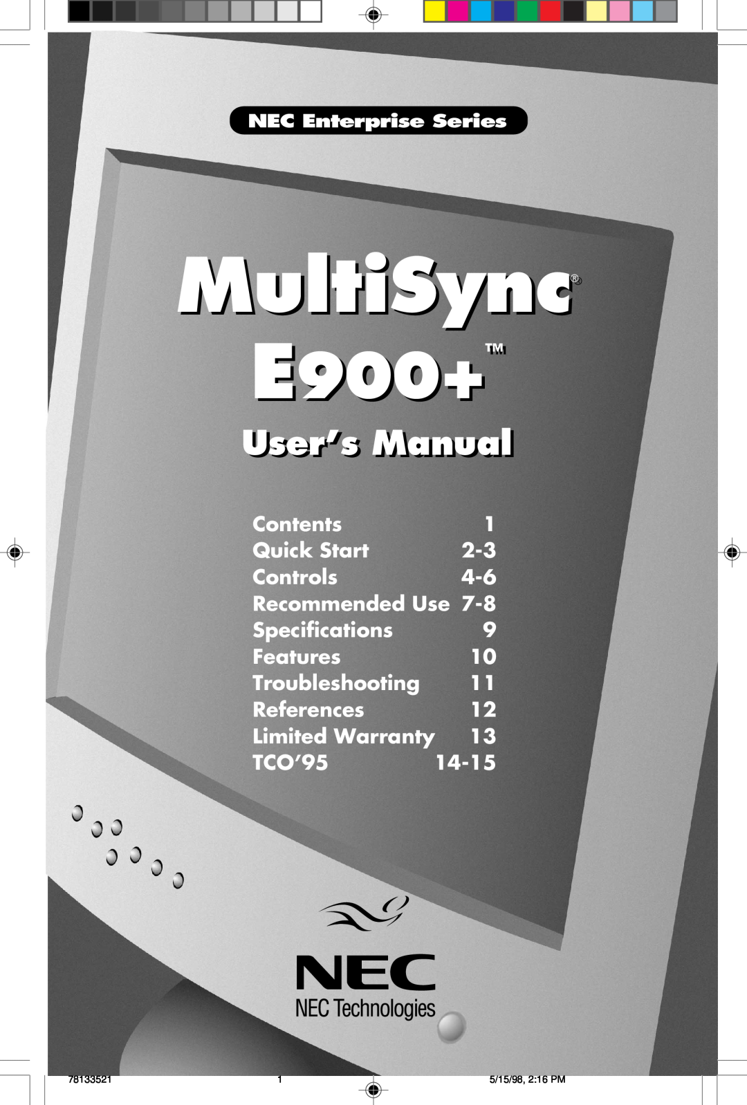 NEC E900+ user manual MultiSync, User’s Manuall 