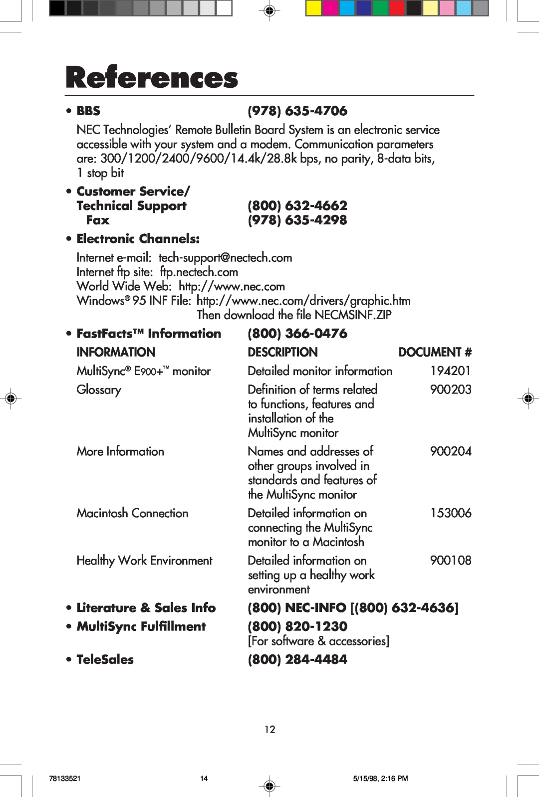 NEC E900+ user manual References, Document # 