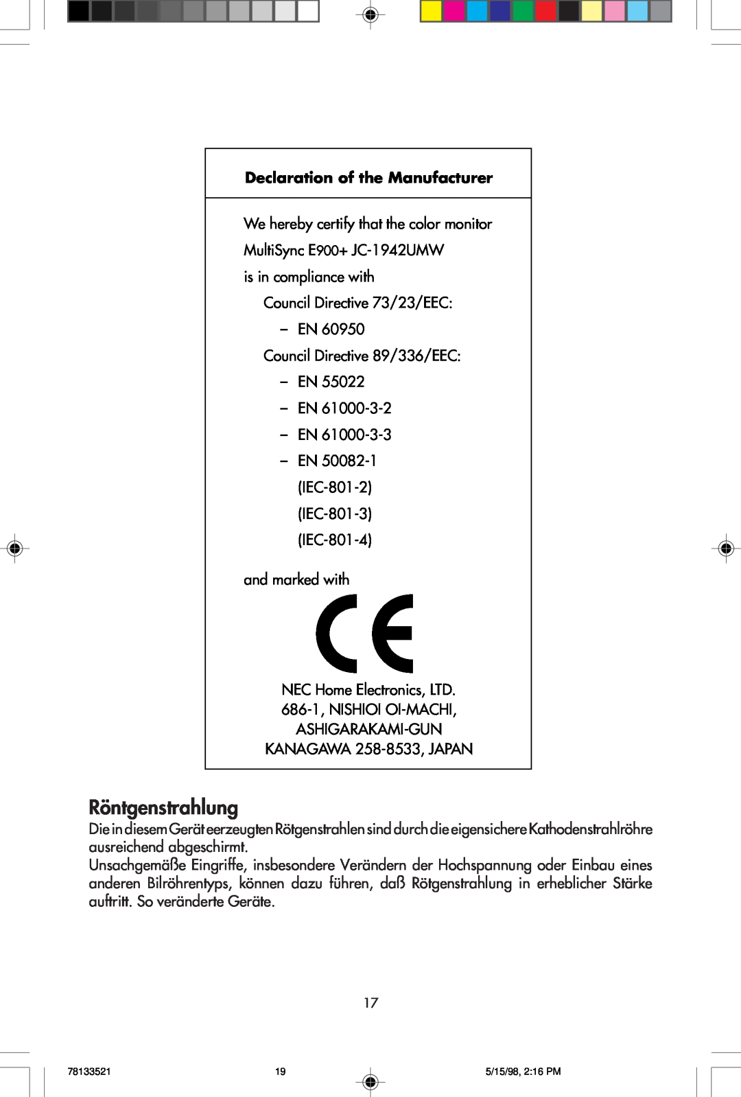 NEC E900+ user manual Röntgenstrahlung, Declaration of the Manufacturer 