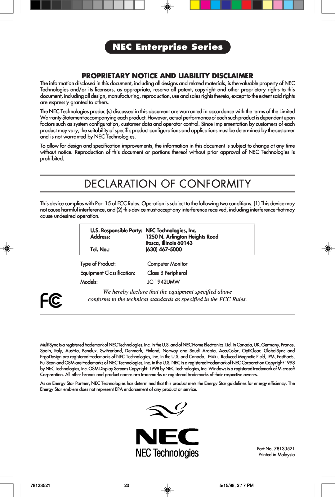 NEC E900+ user manual Declaration Of Conformity, NEC Enterprise Series, Proprietary Notice And Liability Disclaimer 