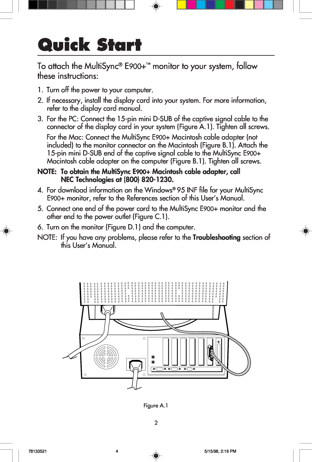 NEC E900+ user manual Quick Start 