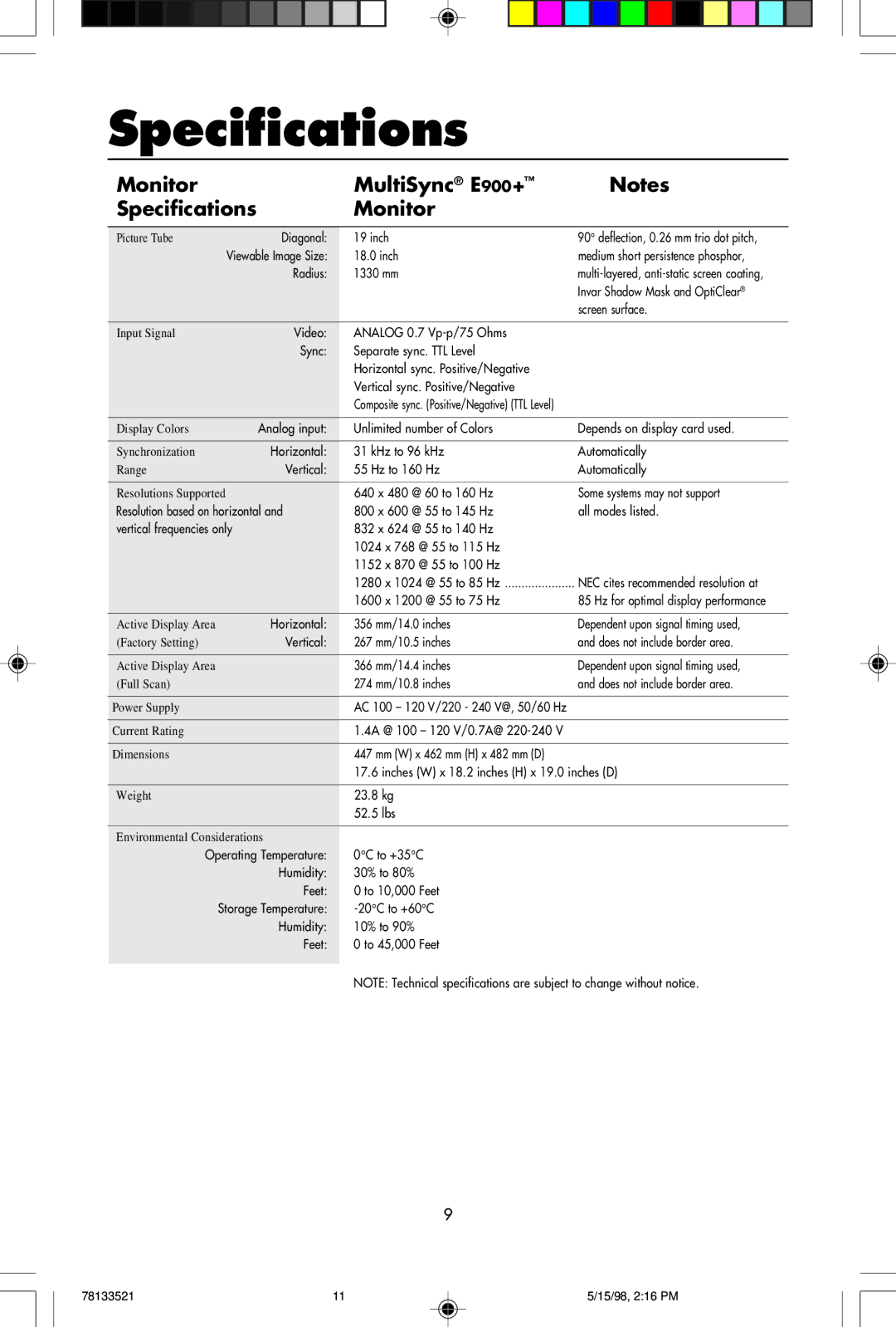 NEC user manual Monitor MultiSync E900+ Specifications 