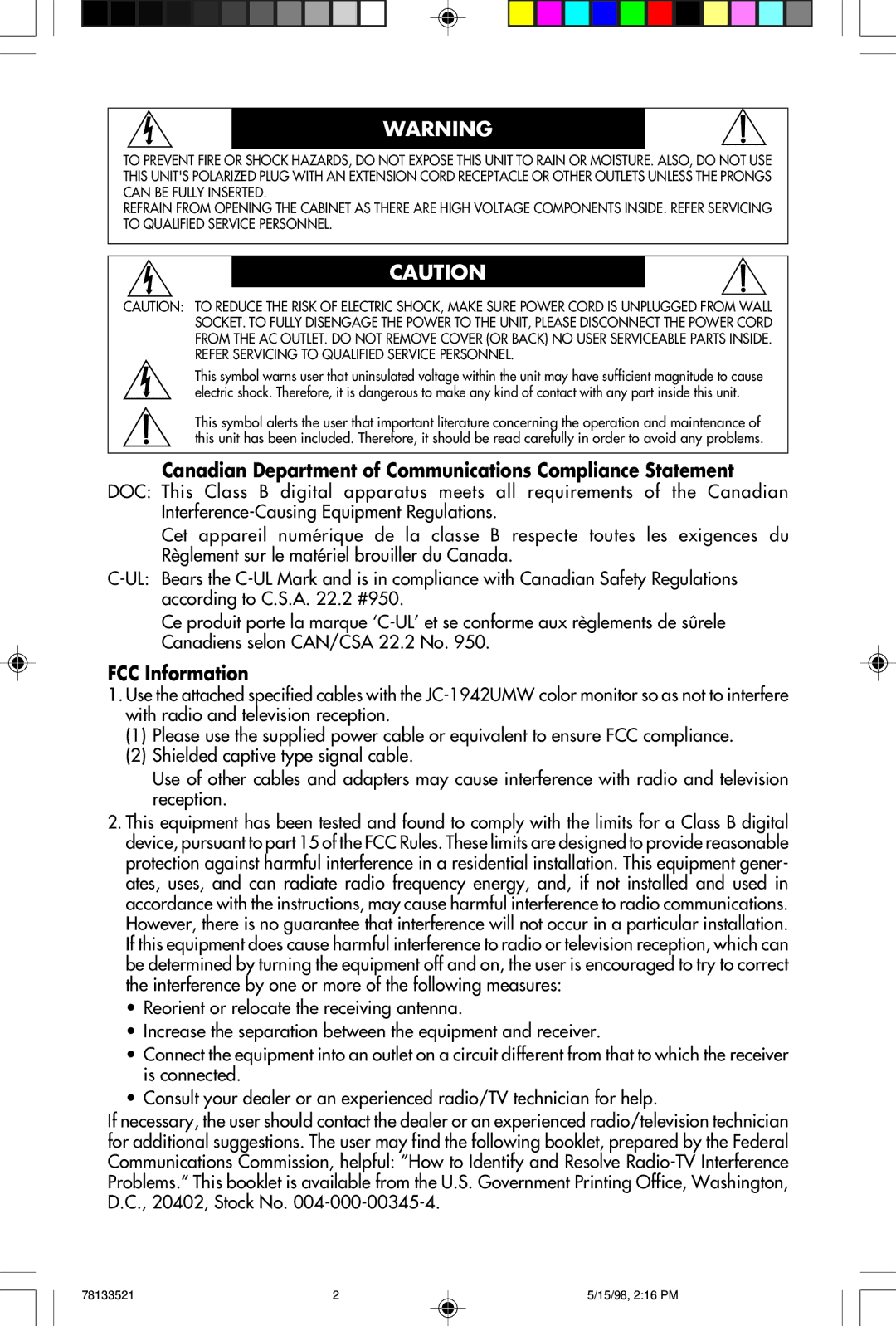 NEC E900+ user manual Canadian Department of Communications Compliance Statement, FCC Information 