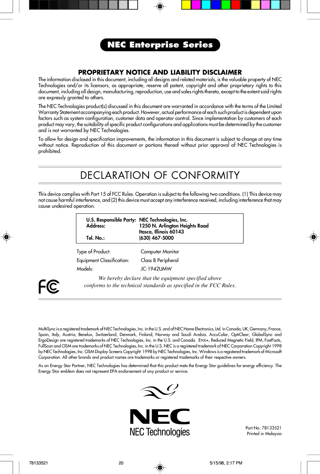 NEC E900+ user manual Declaration of Conformity 