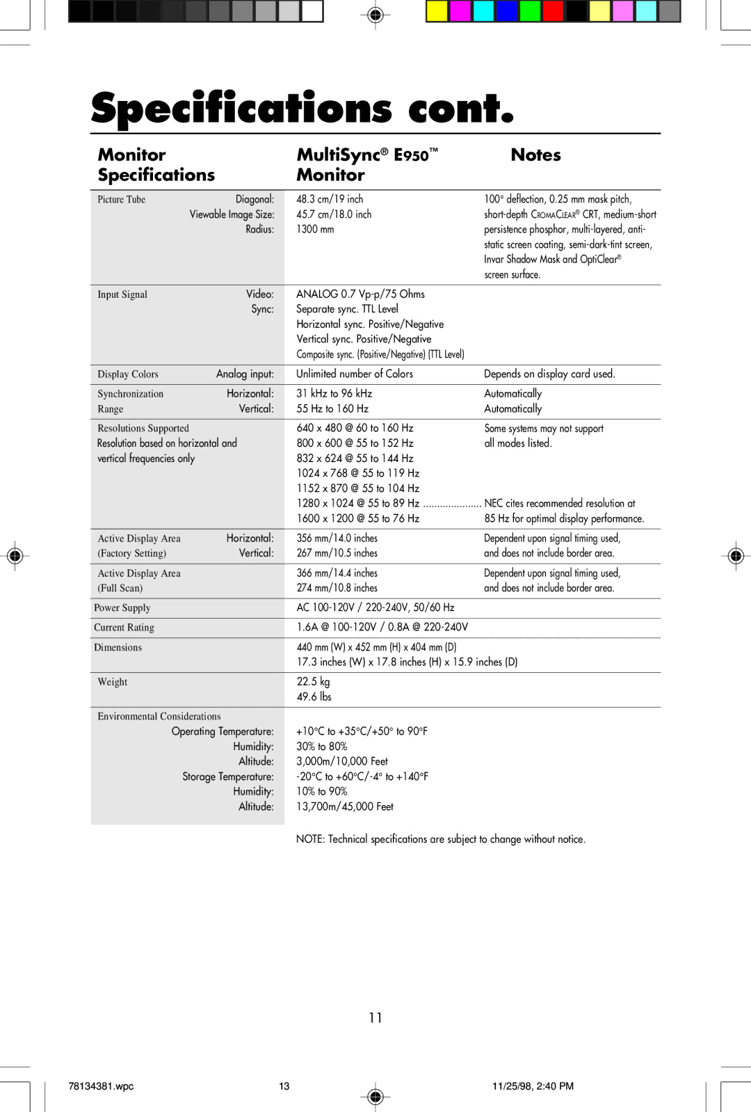 NEC E750 user manual Monitor MultiSync E950 Specifications, Radius 1300 mm 