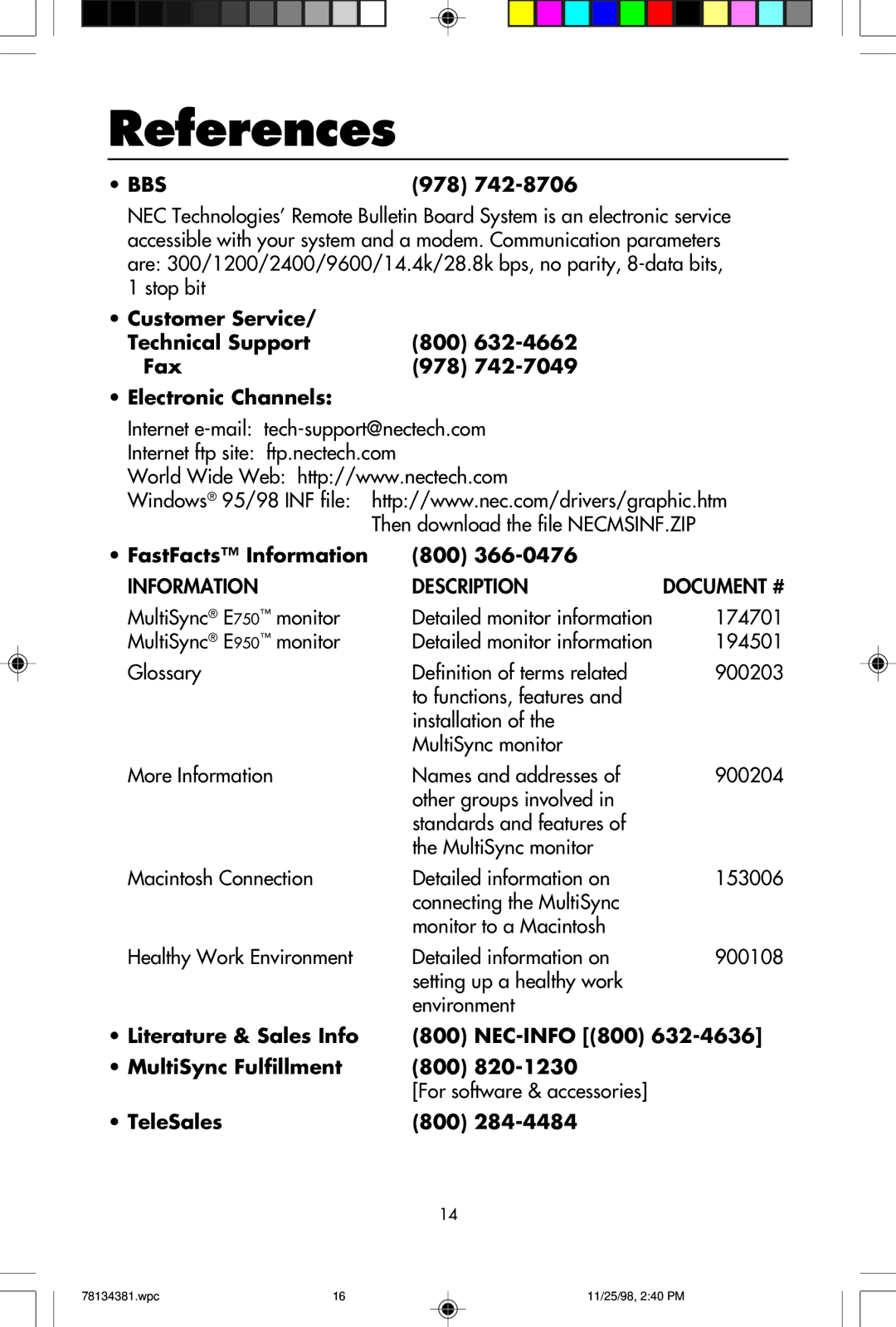 NEC E950, E750 References, 978, FastFacts Information 800, Literature & Sales Info NEC-INFO 800 MultiSync Fulfillment 