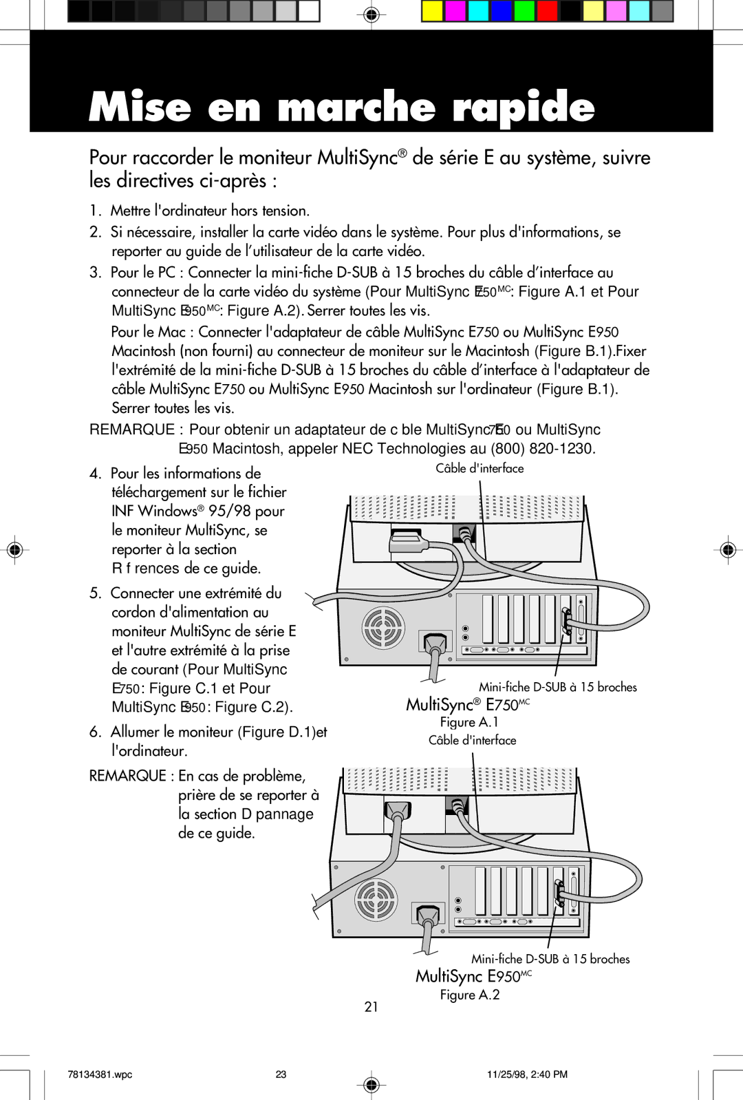 NEC user manual Mise en marche rapide, MultiSync E750MC, MultiSync E950MC 