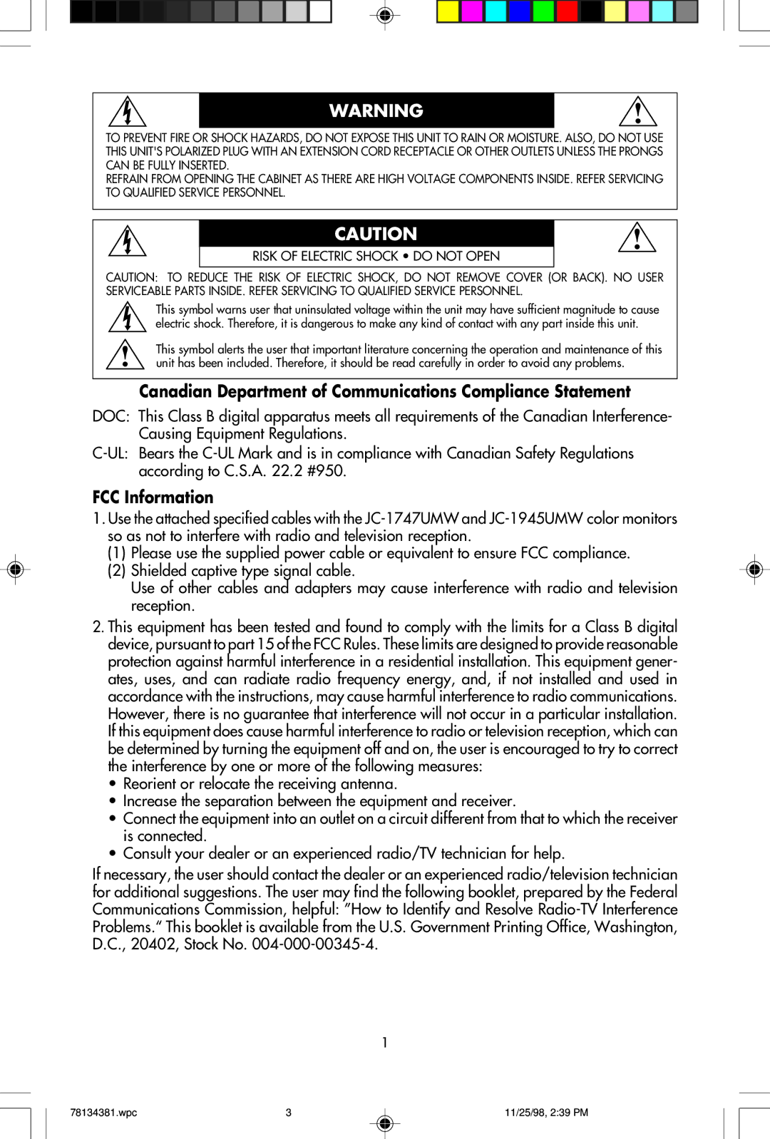 NEC E750, E950 user manual Canadian Department of Communications Compliance Statement, FCC Information 