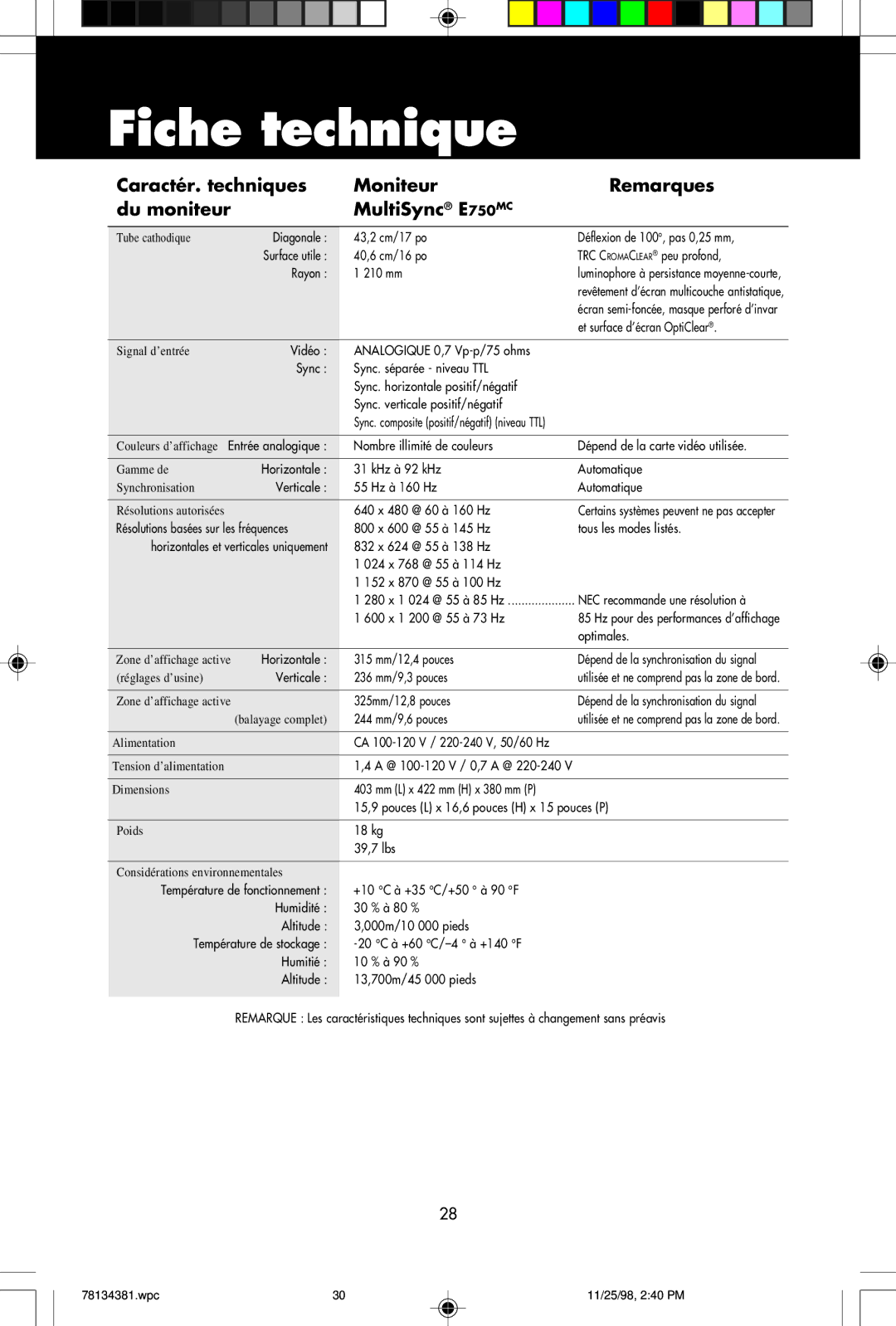 NEC E950, E750 user manual Fiche technique, 244 mm/9,6 pouces 