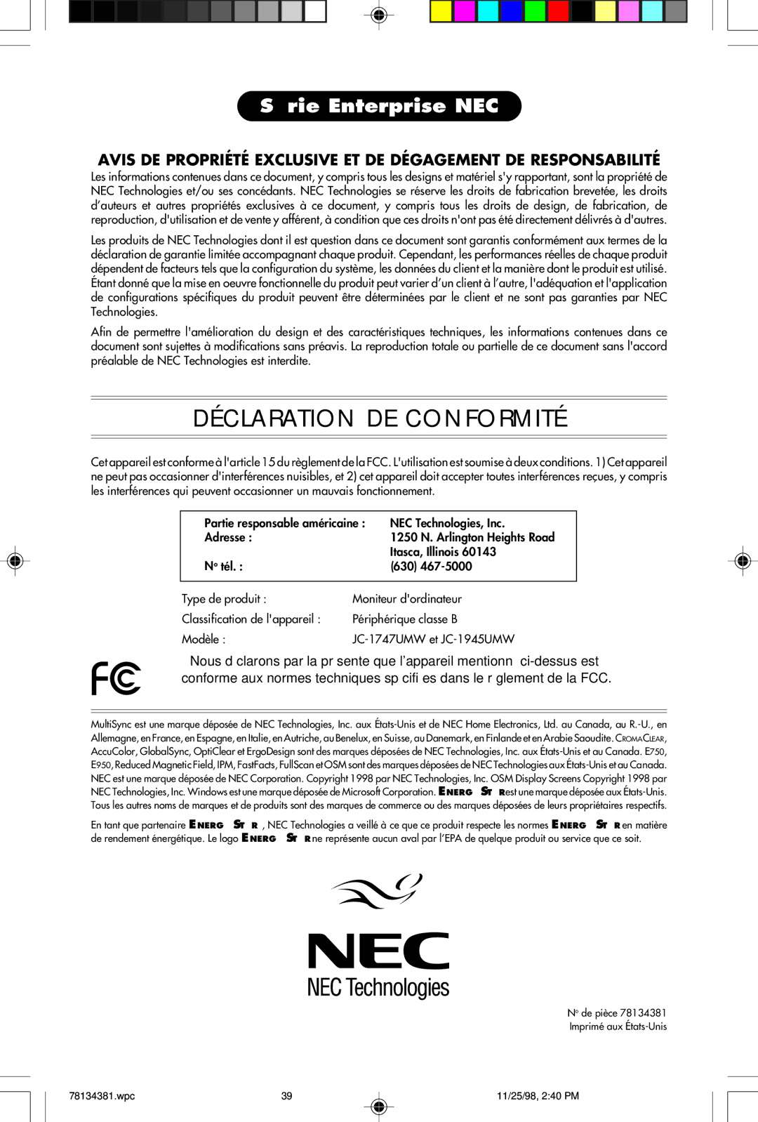 NEC E750, E950 user manual Déclaration DE Conformité 