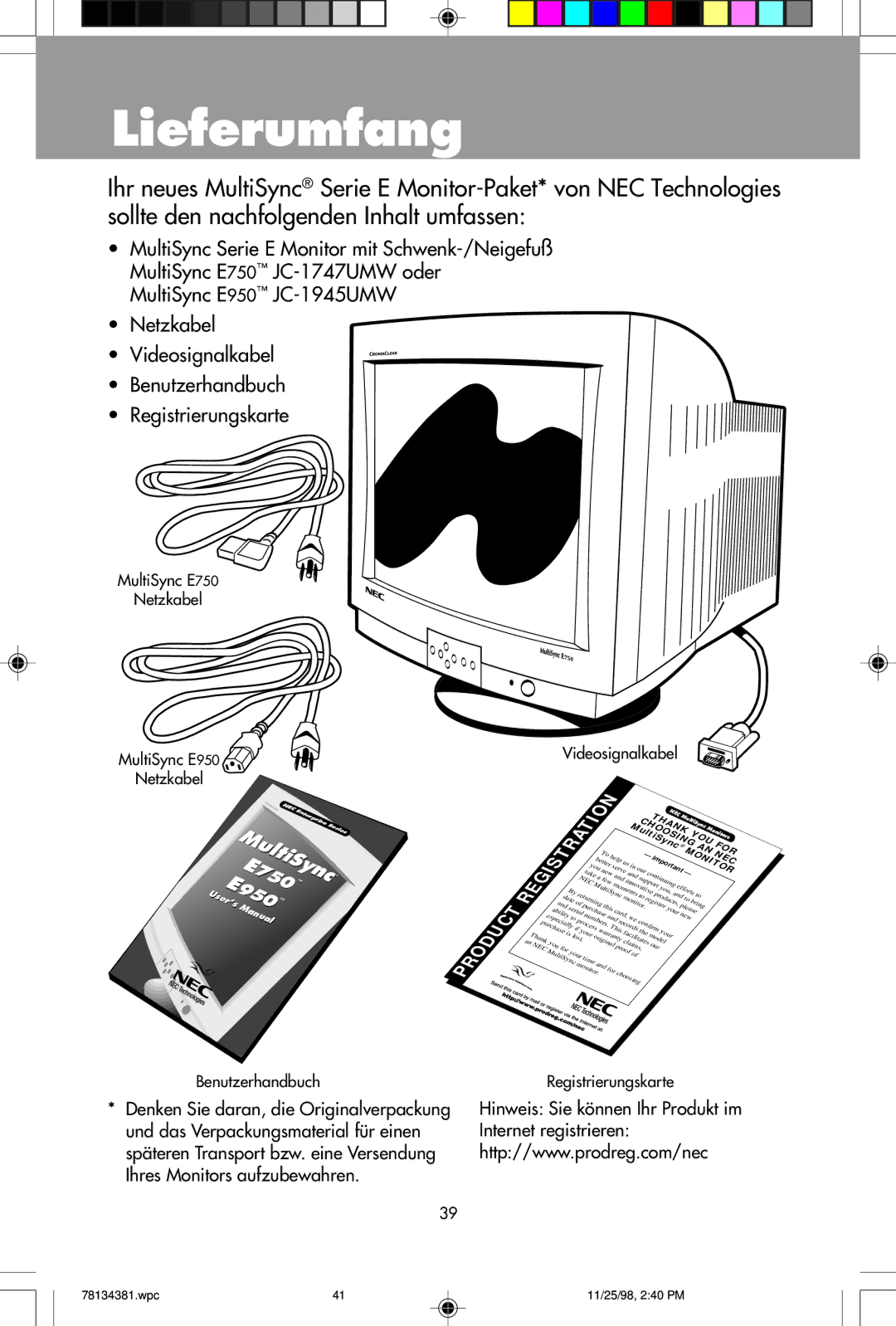 NEC E750, E950 user manual Lieferumfang, Product 