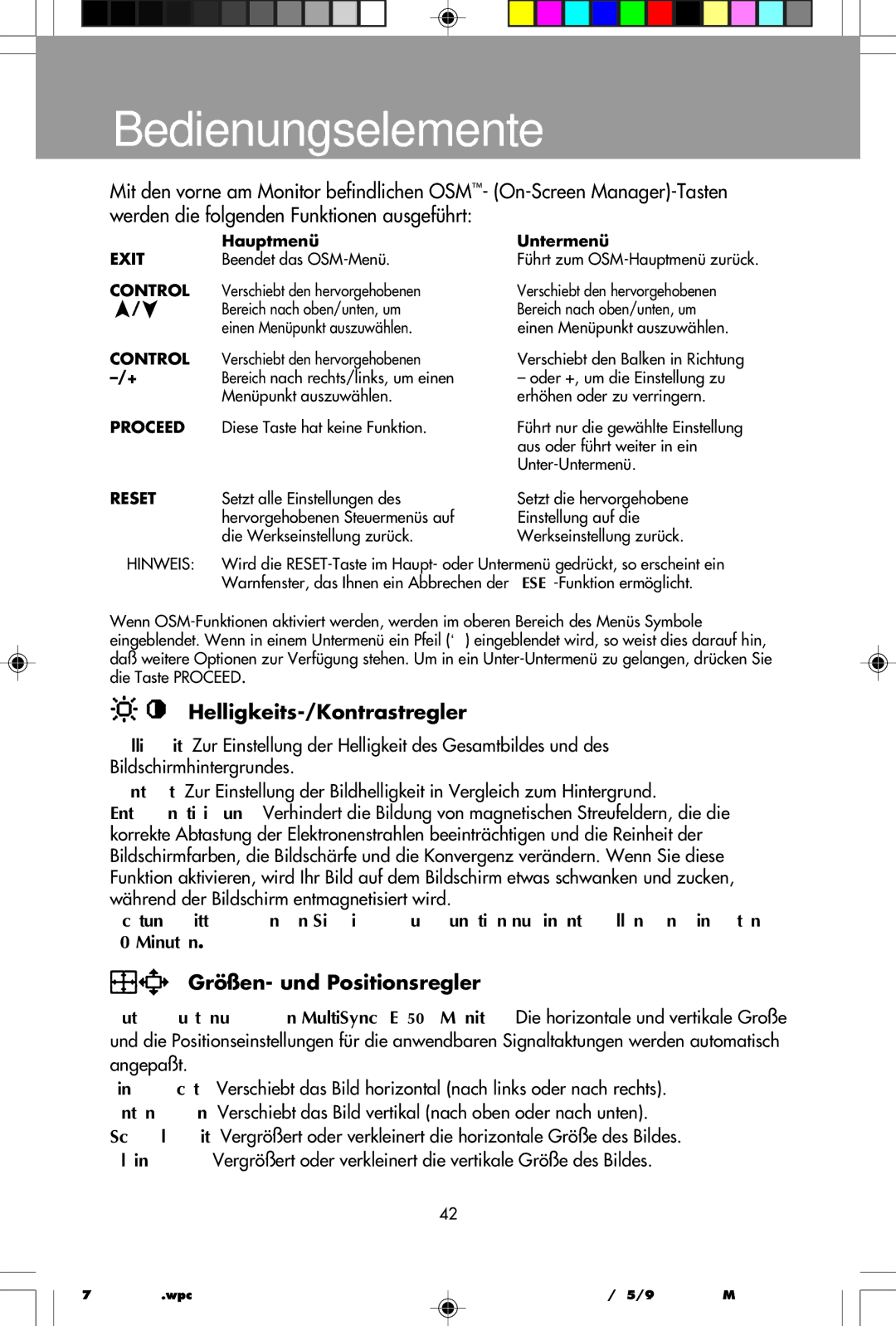 NEC E950, E750 user manual Bedienungselemente, Helligkeits-/Kontrastregler, Größen- und Positionsregler 