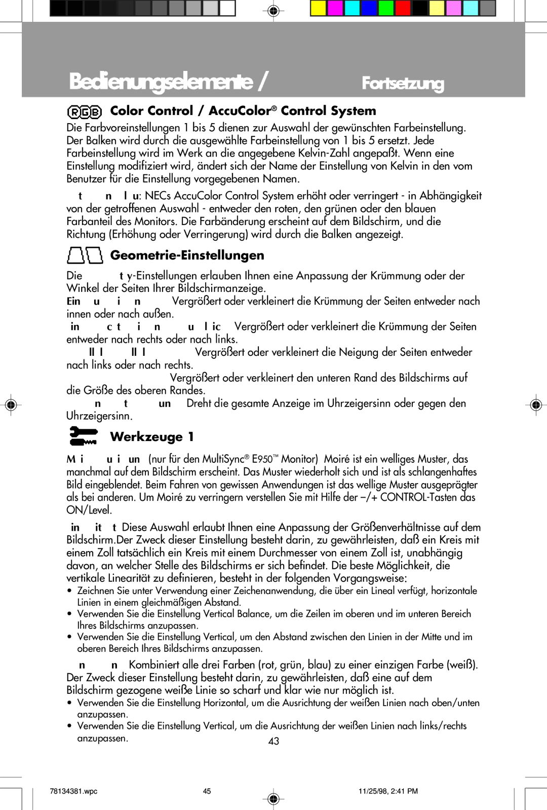 NEC E750, E950 user manual Color Control / AccuColor Control System, Geometrie-Einstellungen, Werkzeuge 