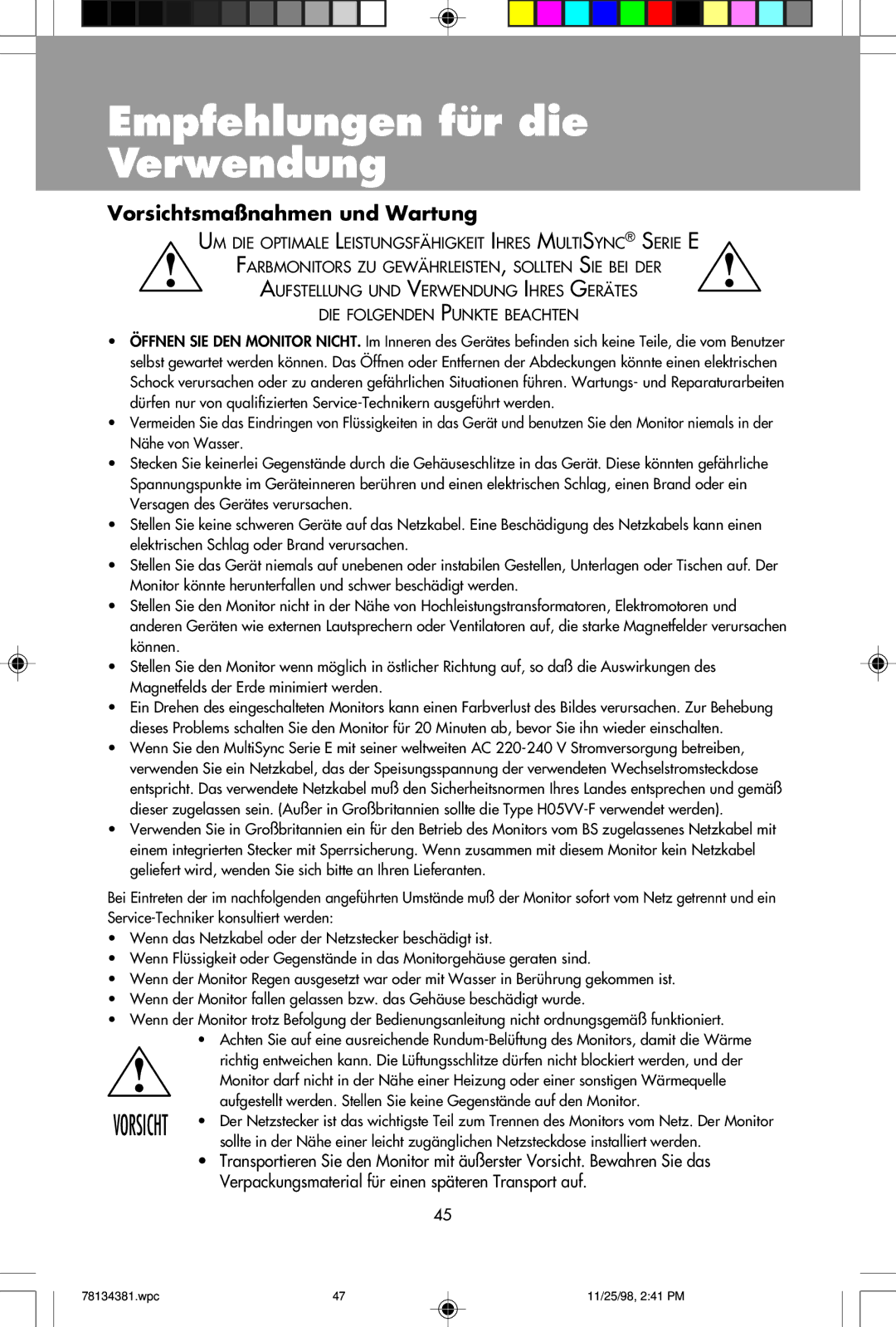 NEC E750, E950 user manual Empfehlungen für die Verwendung, Vorsichtsmaßnahmen und Wartung 