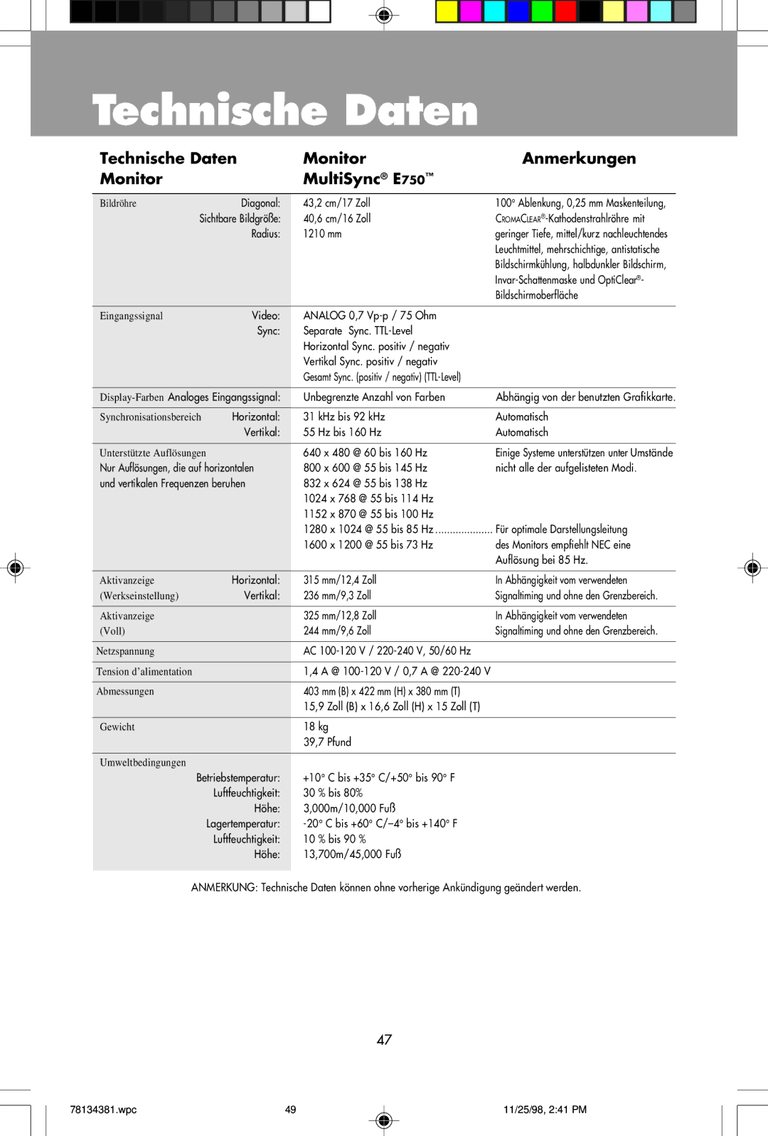 NEC E950 user manual Technische Daten Monitor Anmerkungen MultiSync E750 