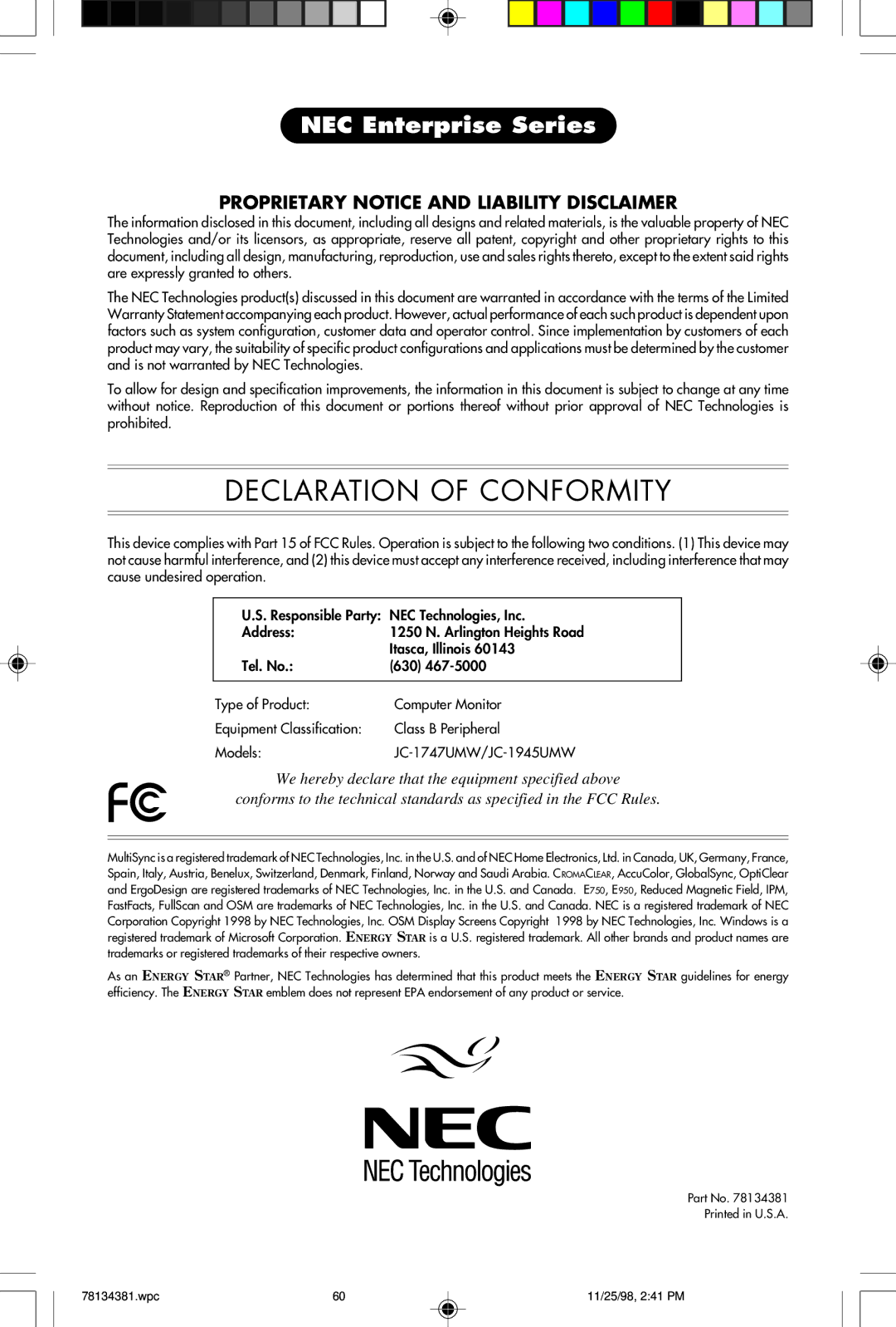 NEC E950, E750 user manual Declaration of Conformity 