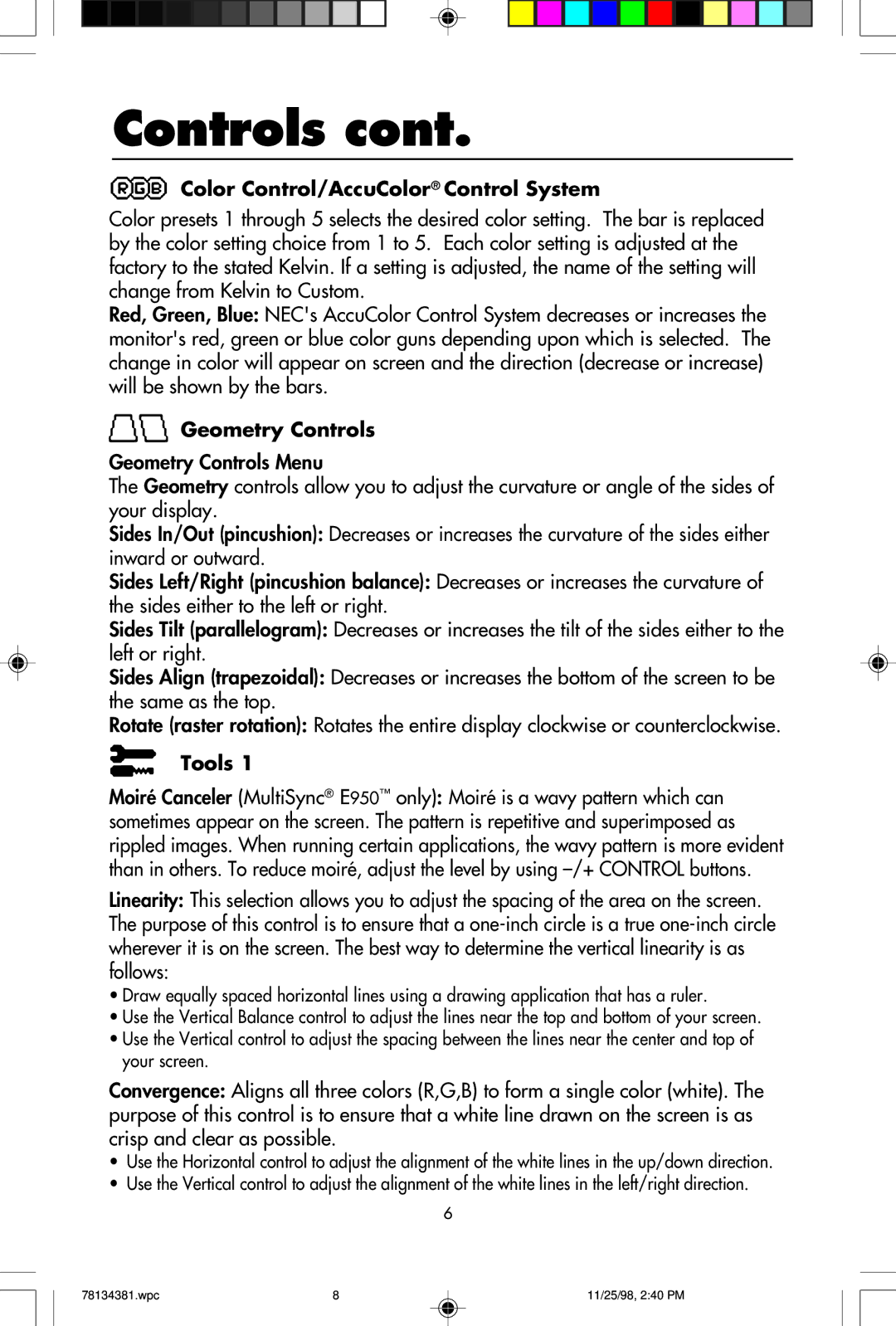 NEC E950, E750 user manual Color Control/AccuColor Control System, Geometry Controls, Tools 
