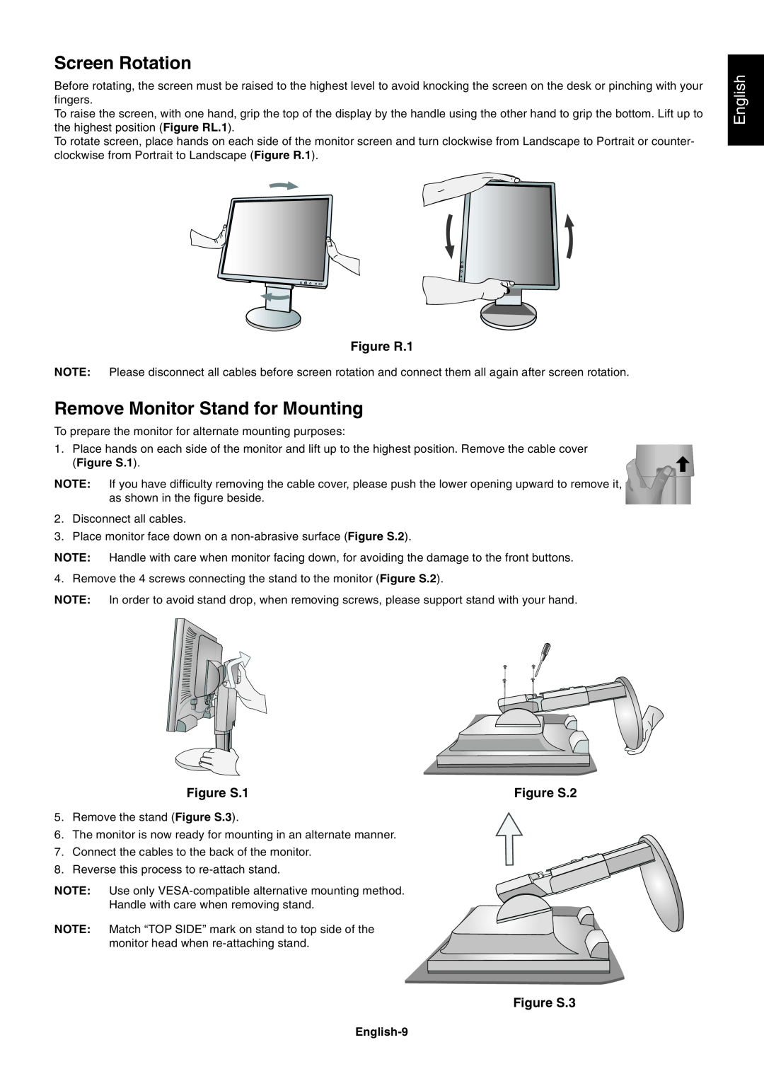 NEC EA191M-BK Screen Rotation, Remove Monitor Stand for Mounting, English, Figure R.1, Figure S.1, Figure S.2, Figure S.3 