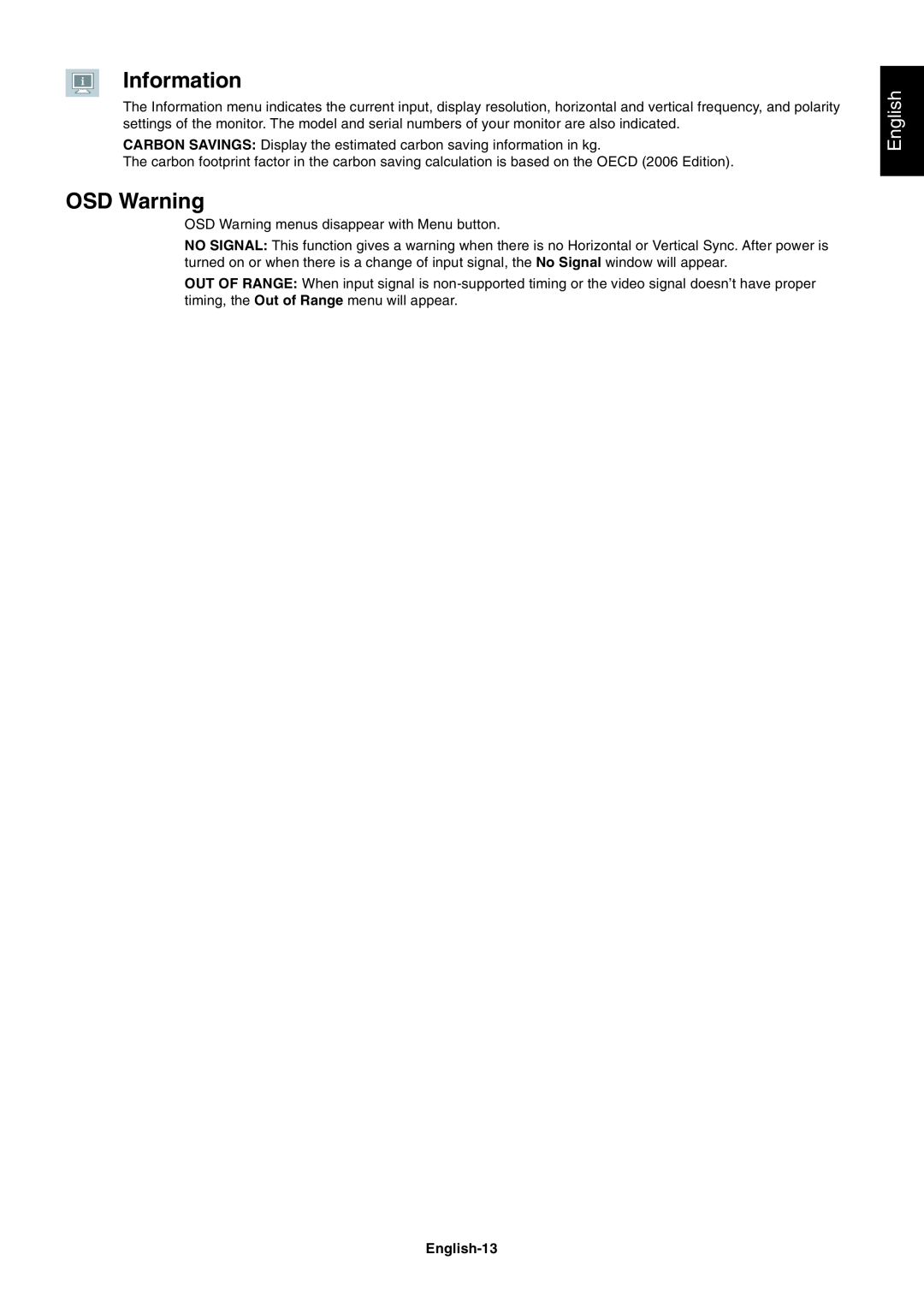 NEC EA191M-BK user manual Information, OSD Warning, English-13 