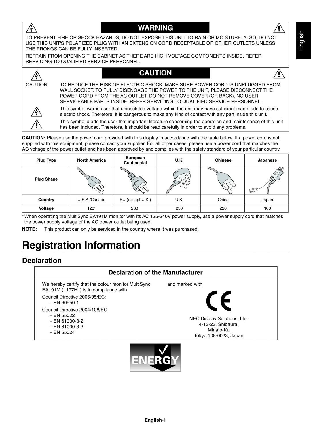 NEC EA191M-BK user manual Registration Information, Declaration of the Manufacturer, English-1 