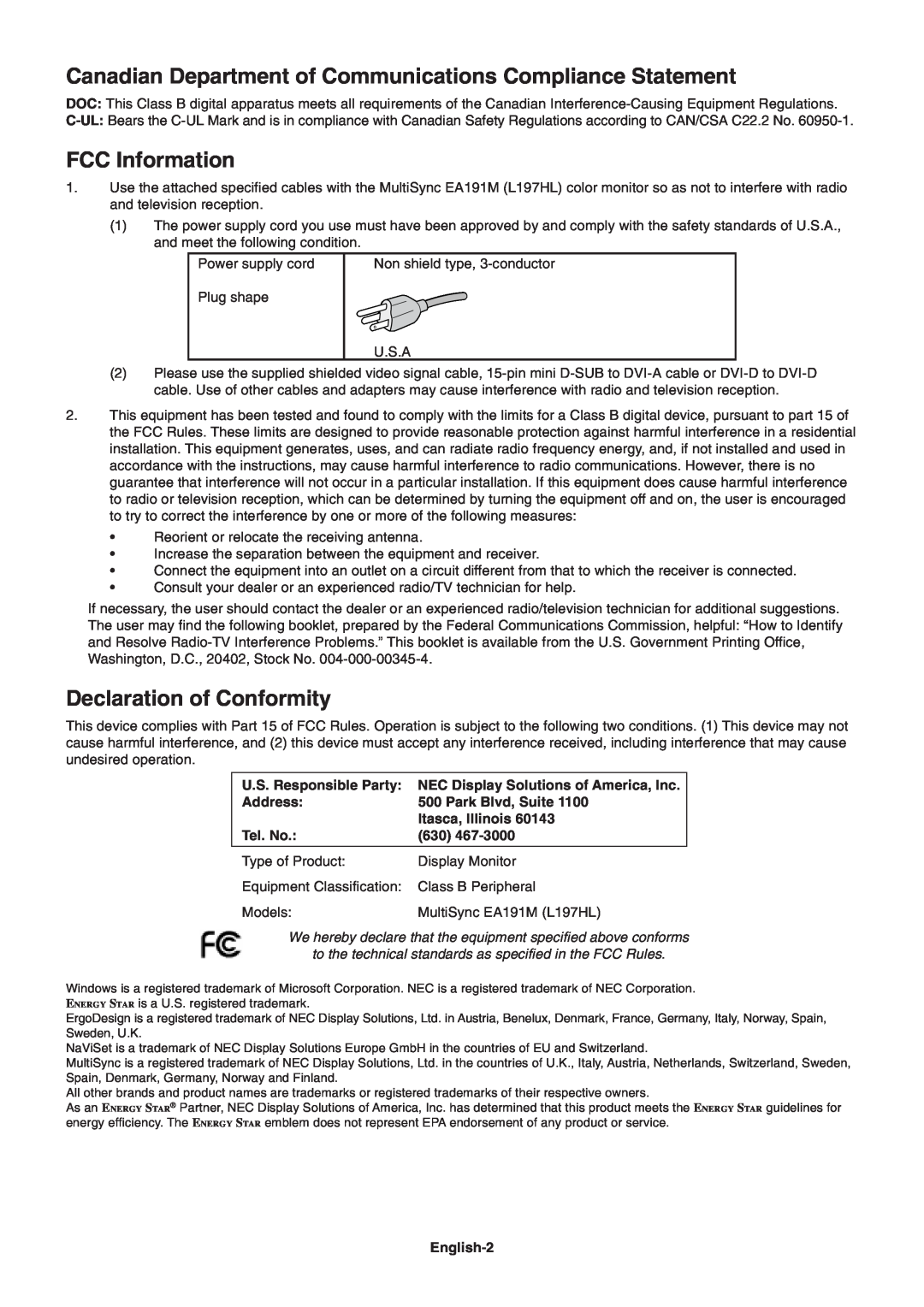 NEC EA191M-BK FCC Information, Declaration of Conformity, Address, Park Blvd, Suite, Itasca, Illinois, Tel. No, Models 