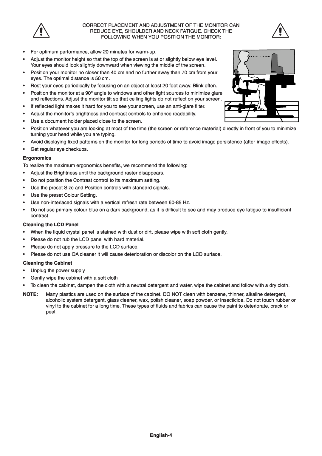 NEC EA191M-BK user manual Ergonomics, Cleaning the LCD Panel, Cleaning the Cabinet, English-4 
