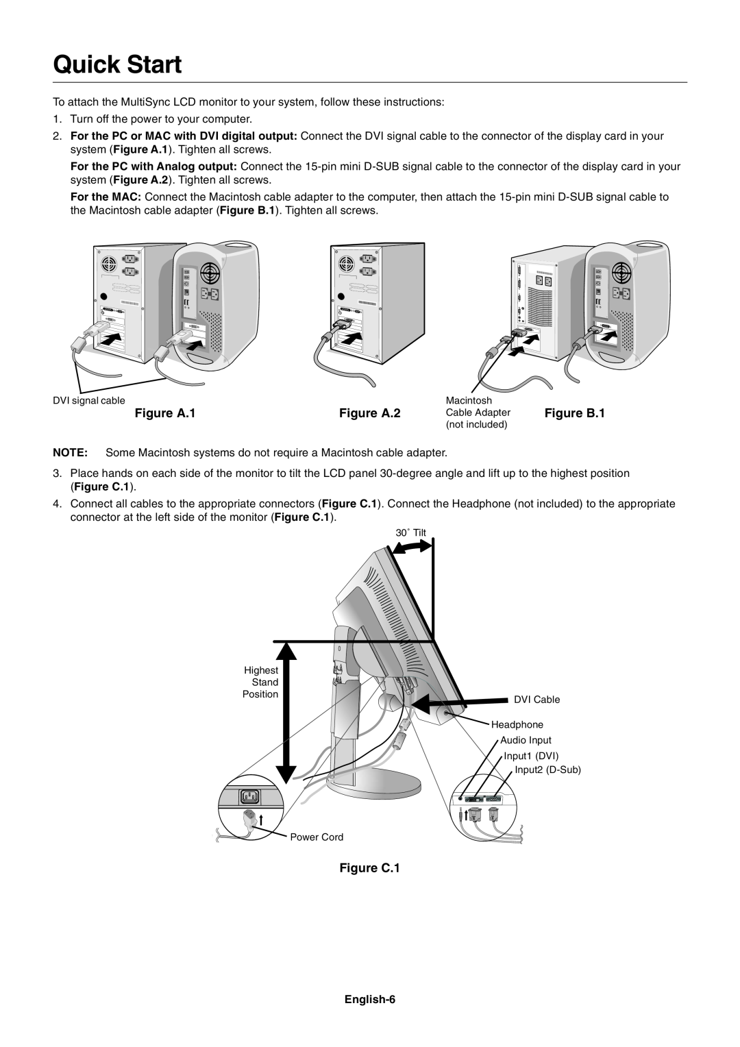 NEC EA191M-BK user manual Quick Start, Figure A.1, Figure A.2, Figure C.1, English-6 