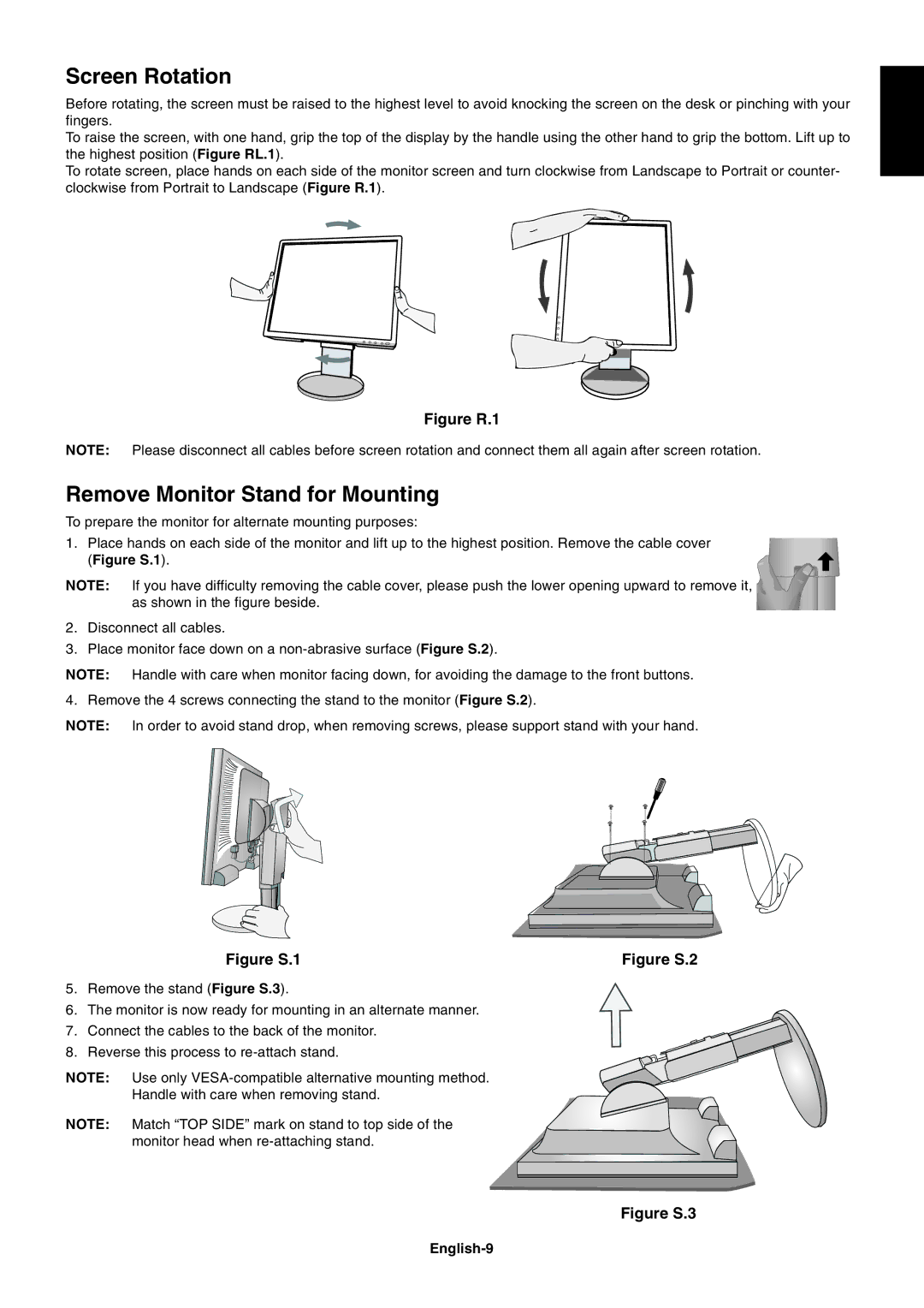 NEC EA191M-BK user manual Screen Rotation, Remove Monitor Stand for Mounting, English-9 