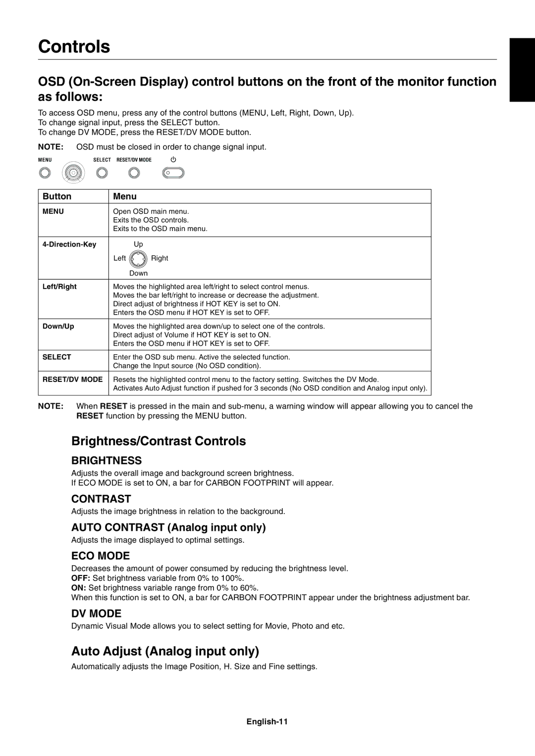 NEC EA191M-BK user manual Brightness/Contrast Controls, Auto Adjust Analog input only, English-11 