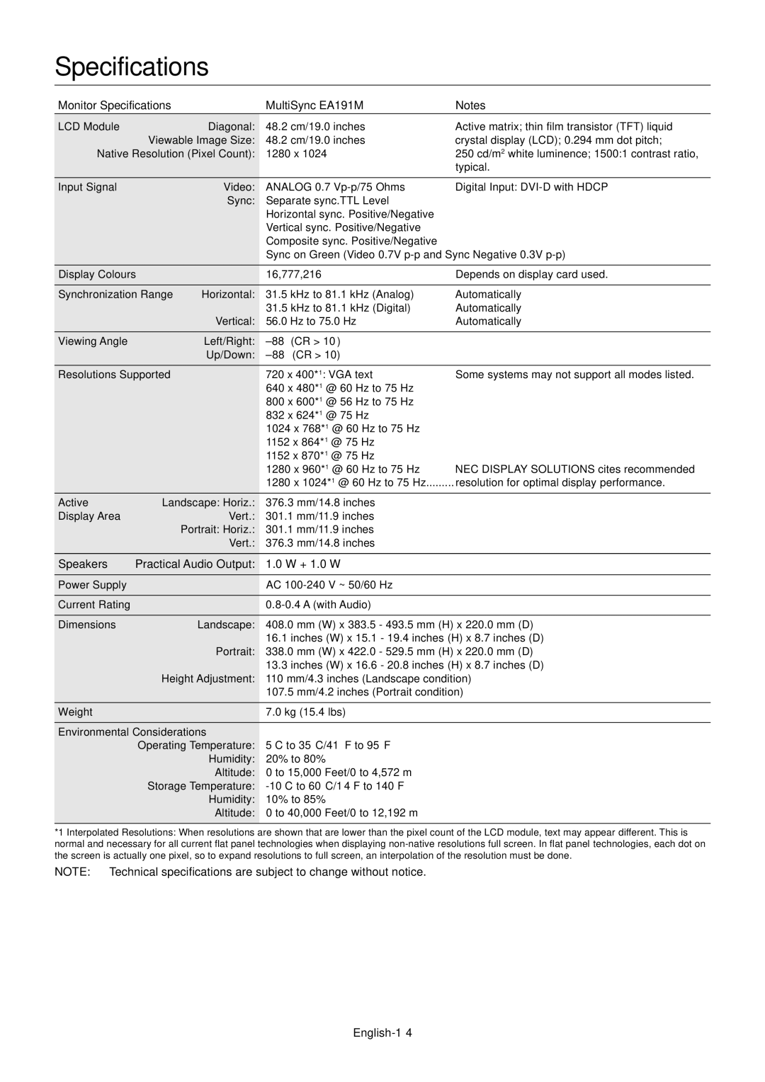 NEC EA191M-BK user manual Monitor Specifications MultiSync EA191M, English-14 