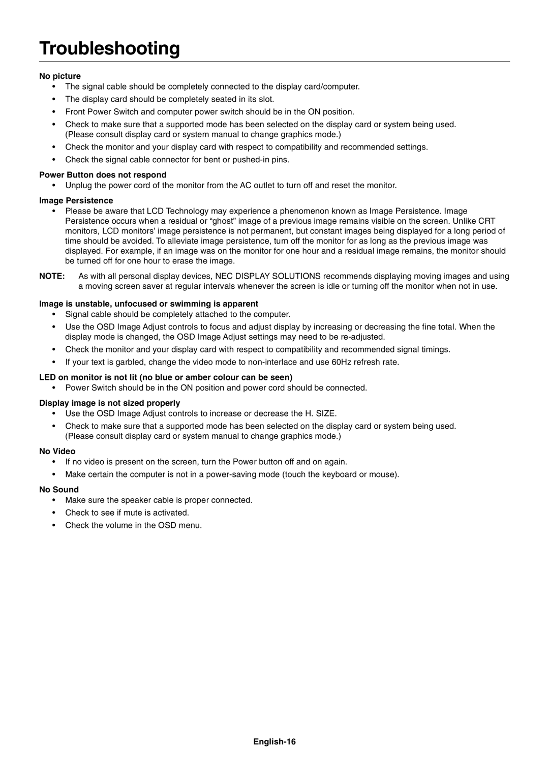 NEC EA191M-BK user manual Troubleshooting 