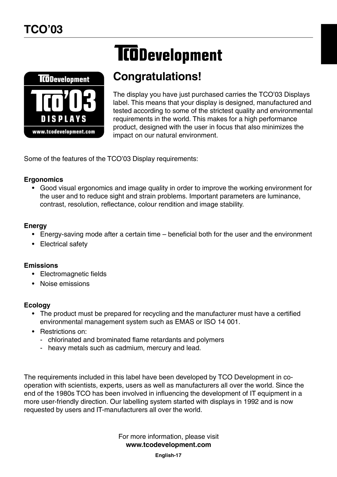 NEC EA191M-BK user manual TCO’03 Congratulations, English-17 