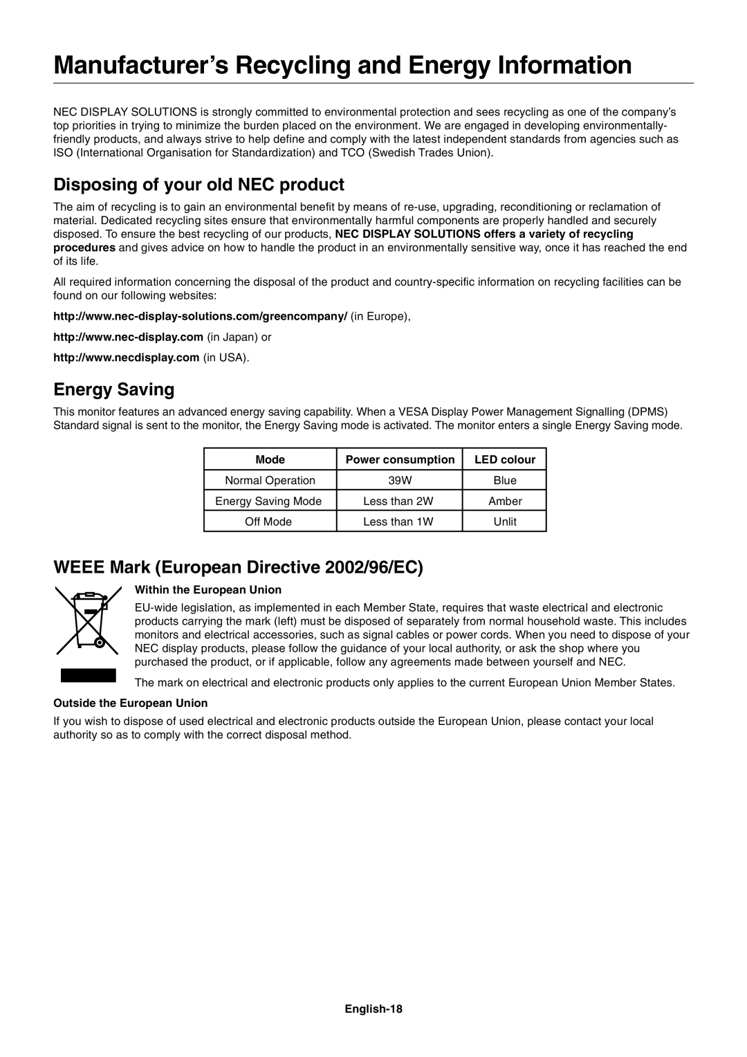 NEC EA191M-BK user manual Manufacturer’s Recycling and Energy Information, Disposing of your old NEC product, Energy Saving 