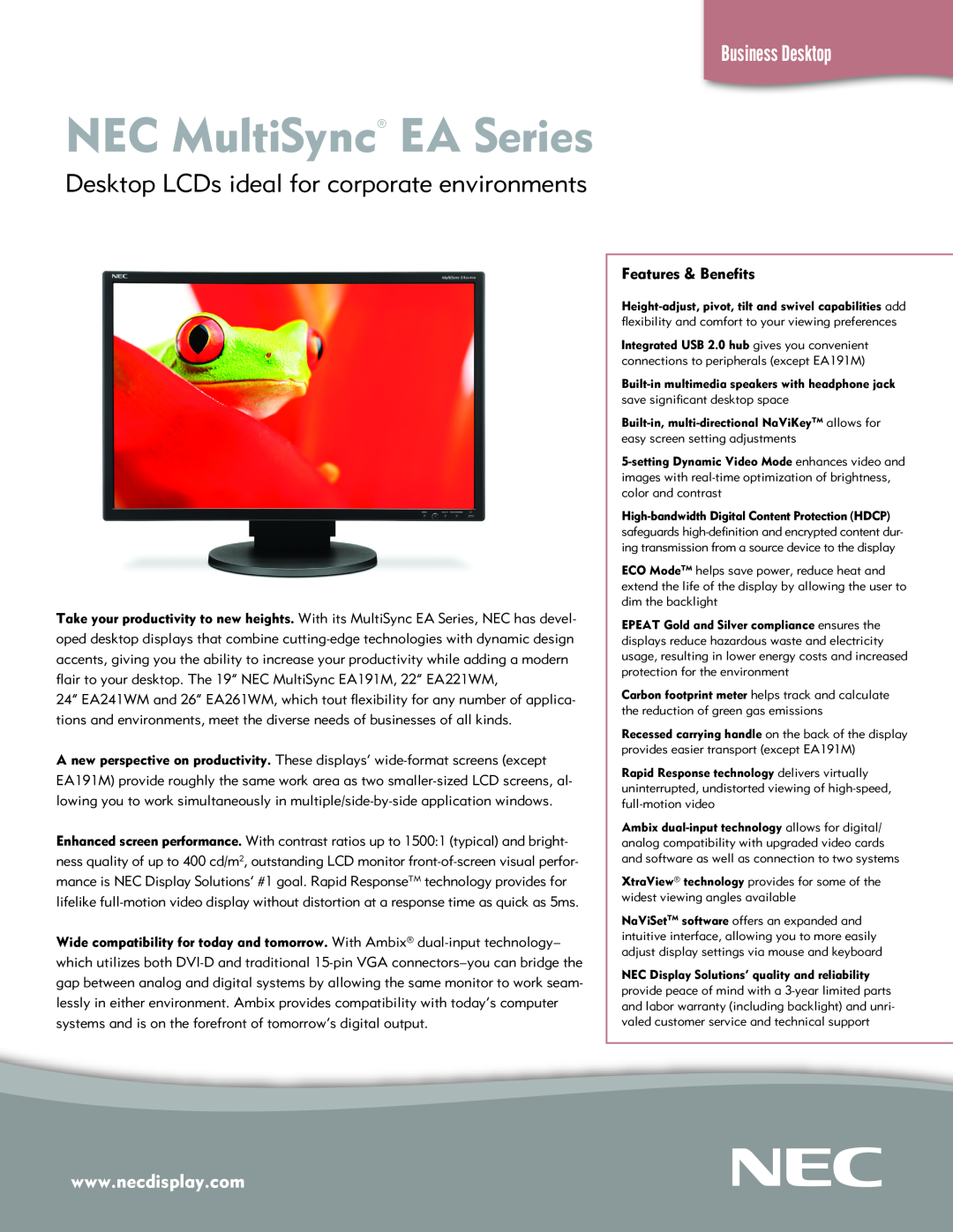 NEC EA191M, EA221WM warranty Features & Benefits, NEC MultiSync EA Series, Desktop LCDs ideal for corporate environments 
