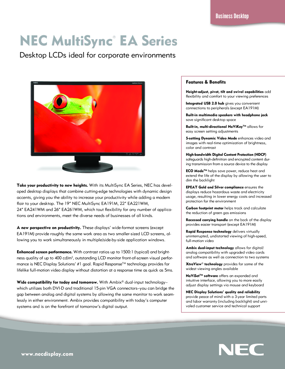 NEC EA191M, EA221WM warranty NEC MultiSync EA Series, Desktop LCDs ideal for corporate environments, Business Desktop 