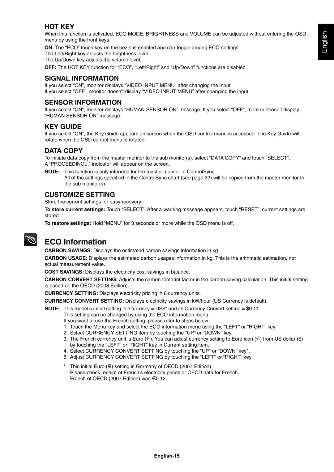 NEC EA224WMi user manual ECO Information 