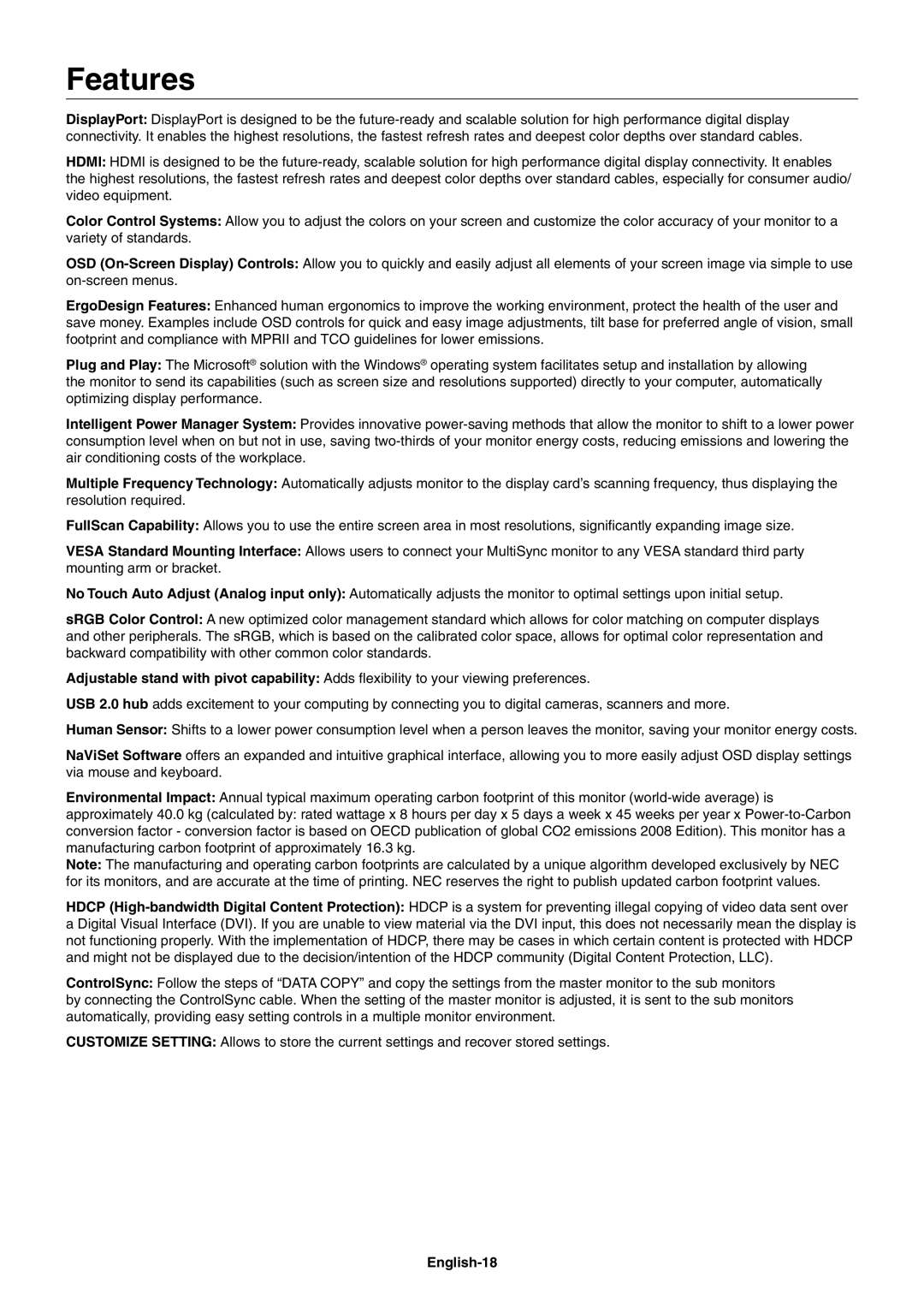 NEC EA224WMi user manual Features, English-18 