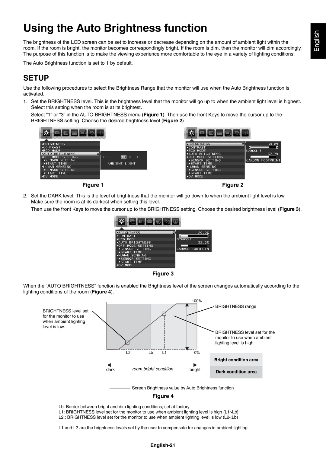 NEC EA224WMi user manual Using the Auto Brightness function, English-21 