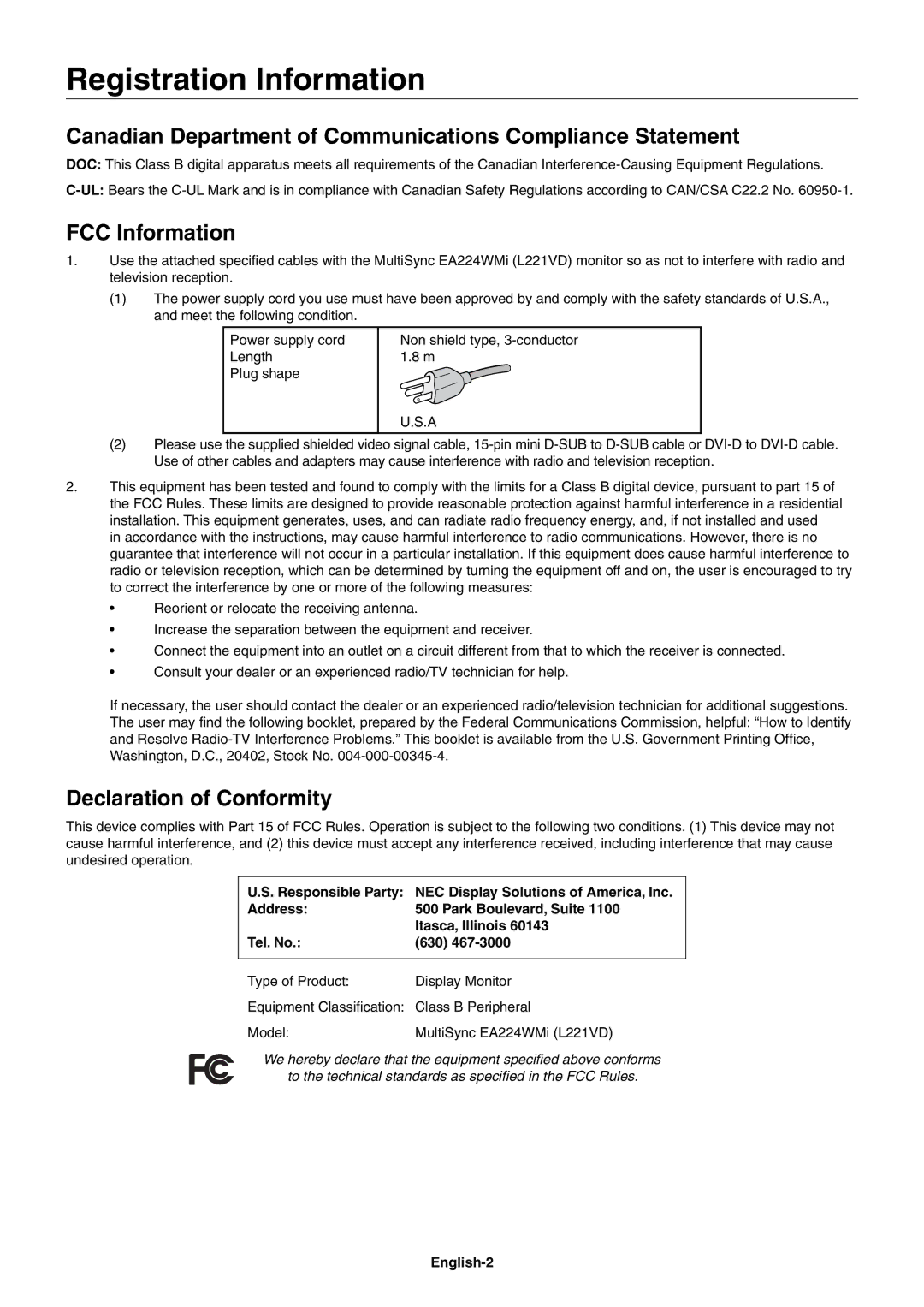 NEC EA224WMi Registration Information, Canadian Department of Communications Compliance Statement, FCC Information 