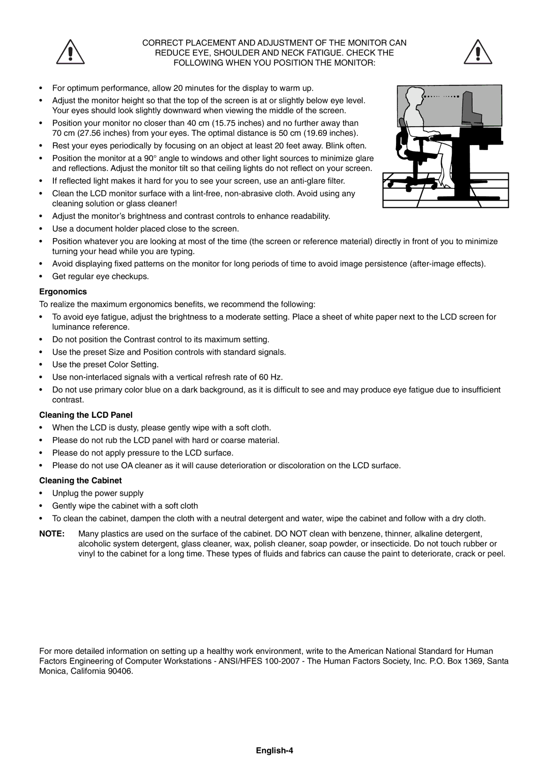 NEC EA224WMi user manual Ergonomics, Cleaning the LCD Panel, Cleaning the Cabinet, English-4 