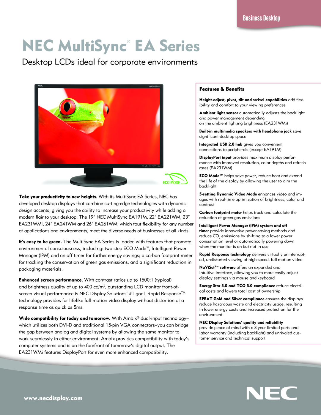 NEC EA231WMi warranty NEC MultiSync EA Series, Desktop LCDs ideal for corporate environments, Business Desktop 