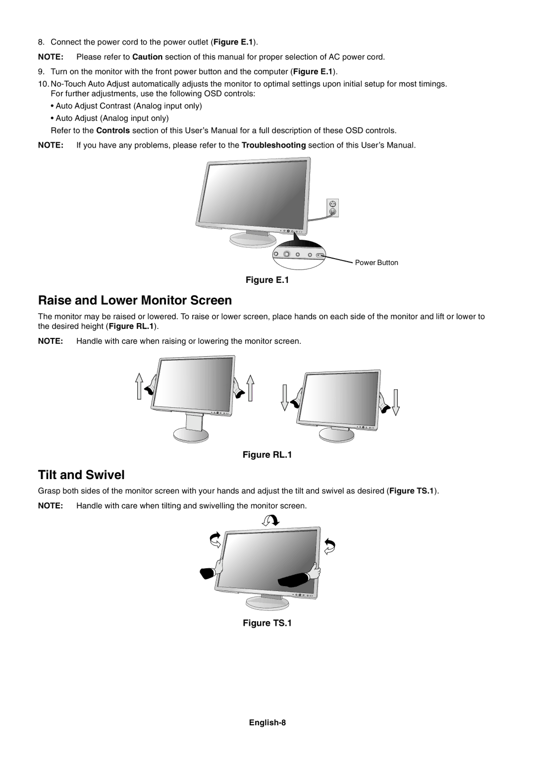 NEC EA232WMI user manual Raise and Lower Monitor Screen, Tilt and Swivel, English-8 