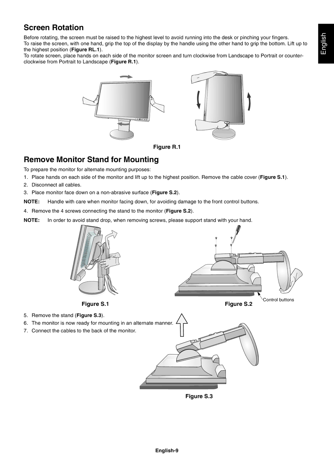 NEC EA232WMI user manual Screen Rotation, Remove Monitor Stand for Mounting, English-9 