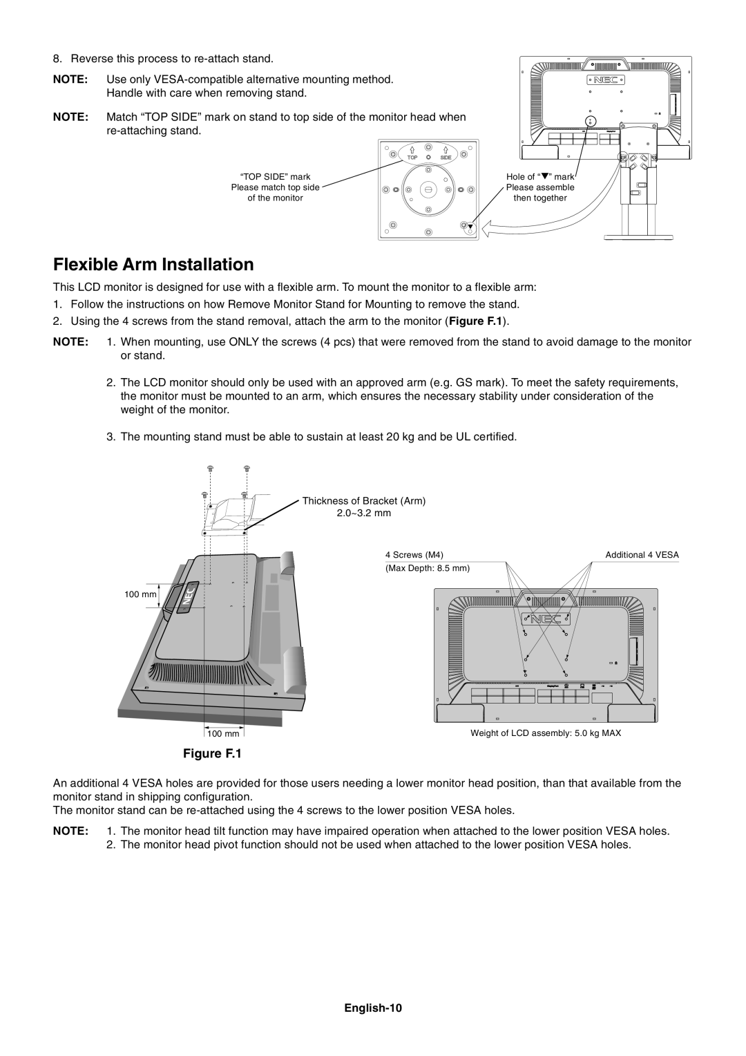 NEC EA232WMI user manual Flexible Arm Installation, English-10 