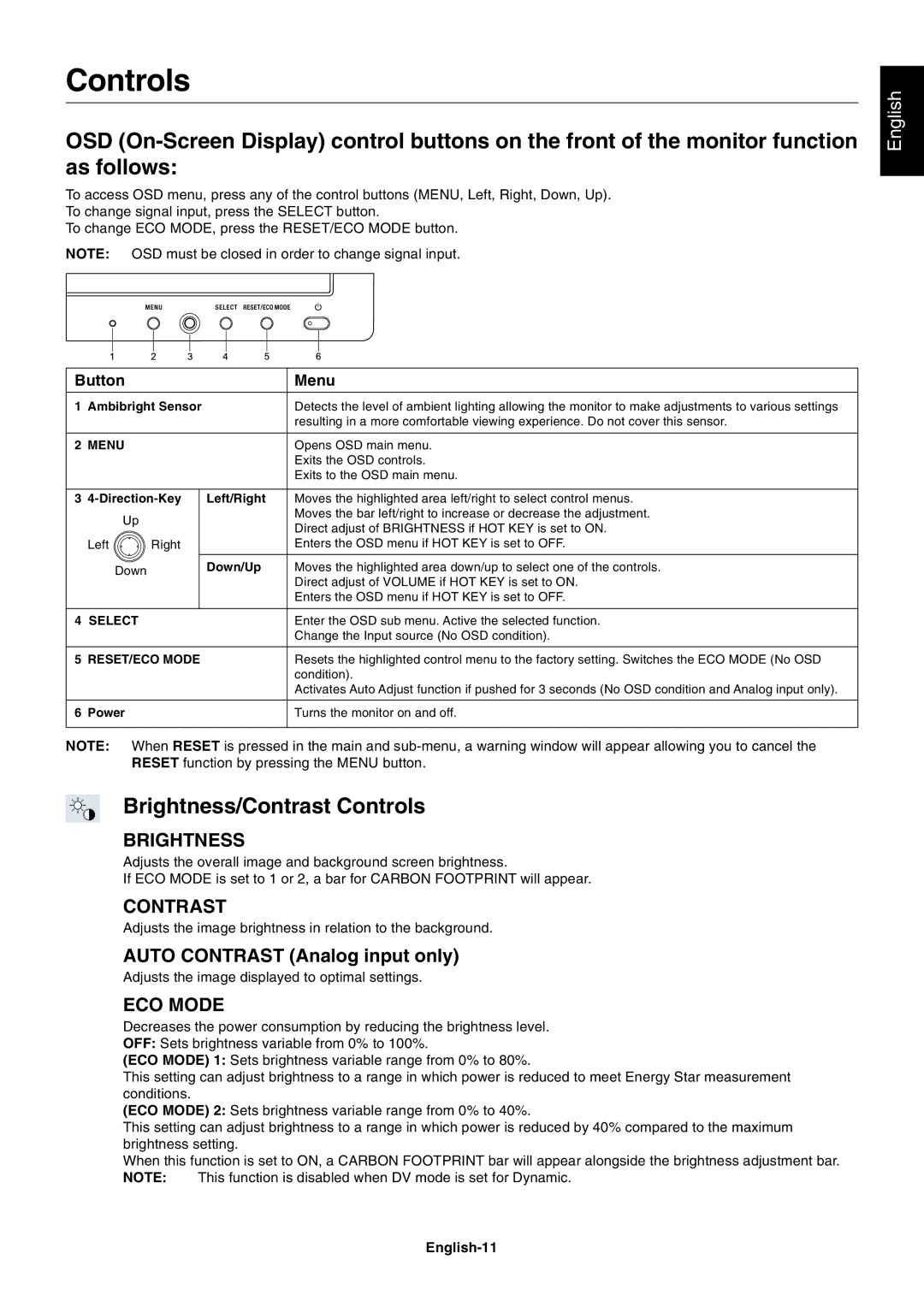 NEC EA232WMI user manual Brightness/Contrast Controls, English-11 