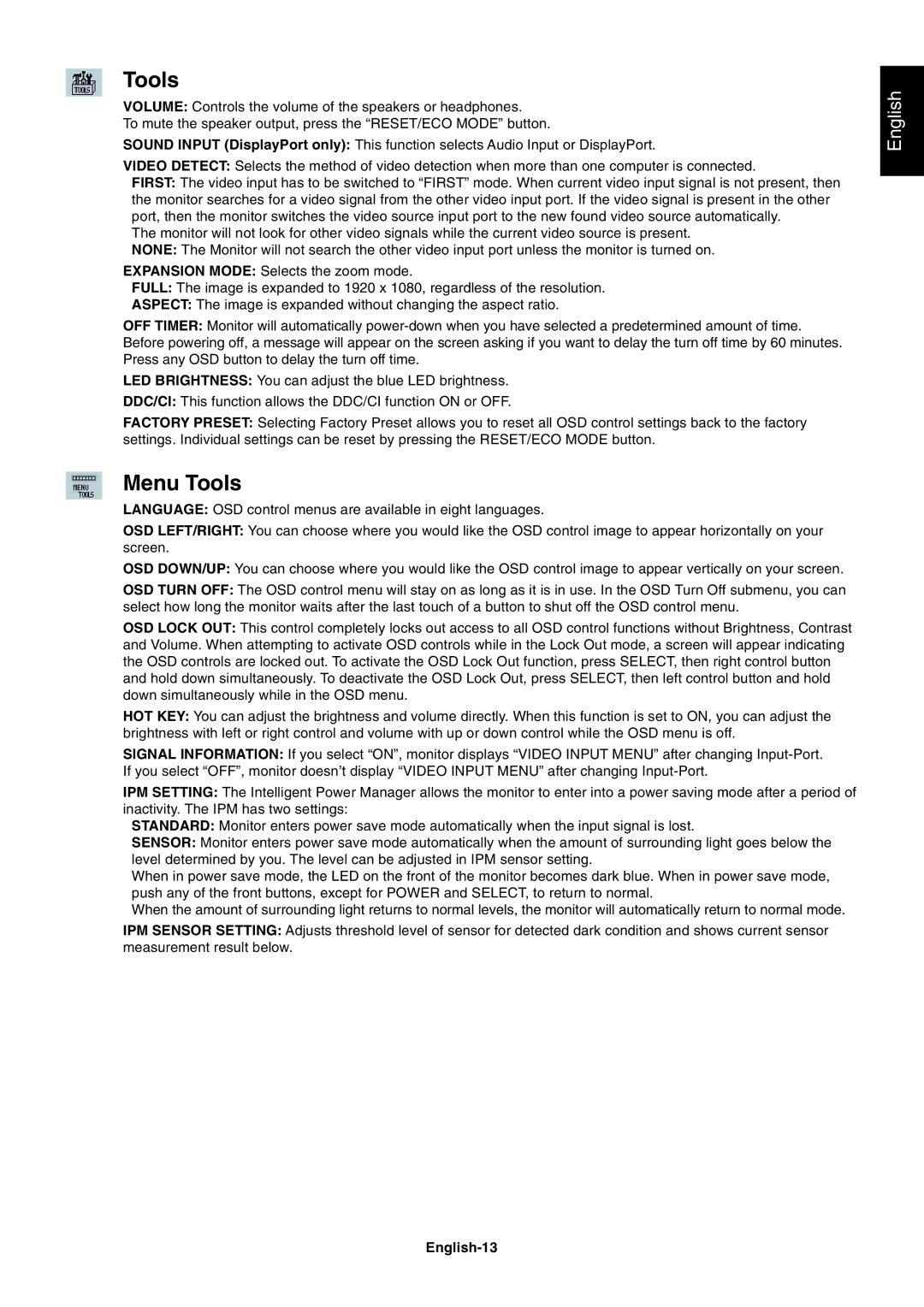 NEC EA232WMI user manual Menu Tools, English-13 