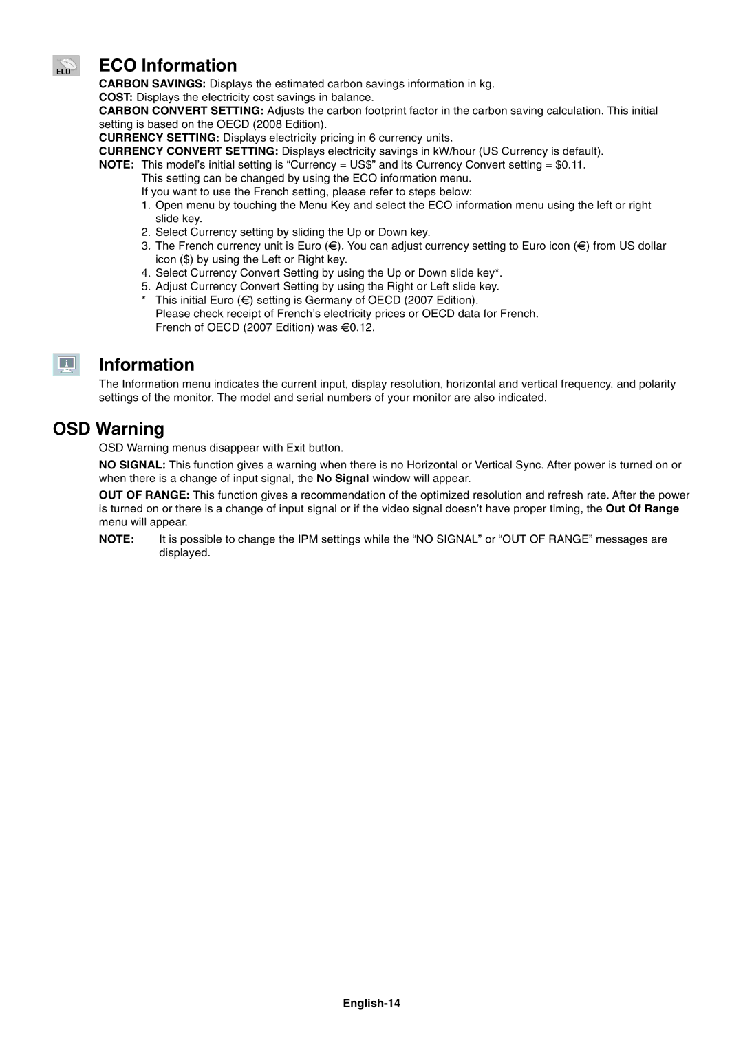 NEC EA232WMI user manual ECO Information, OSD Warning, English-14 