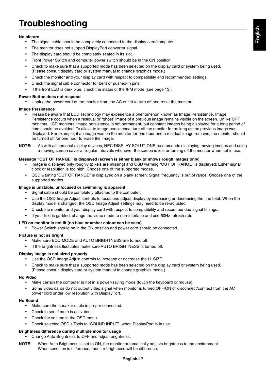 NEC EA232WMI user manual Troubleshooting 